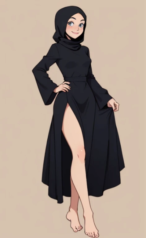a young barefoot woman wearing a black hijab and a long sleeved black dress, calm smile, blue eyes, freckles.