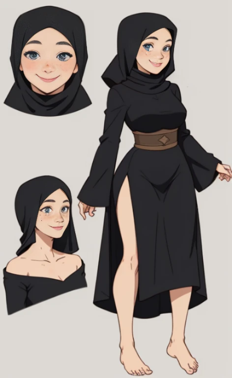 a young barefoot woman wearing a black hijab and a long sleeved black dress, calm smile, blue eyes, freckles.