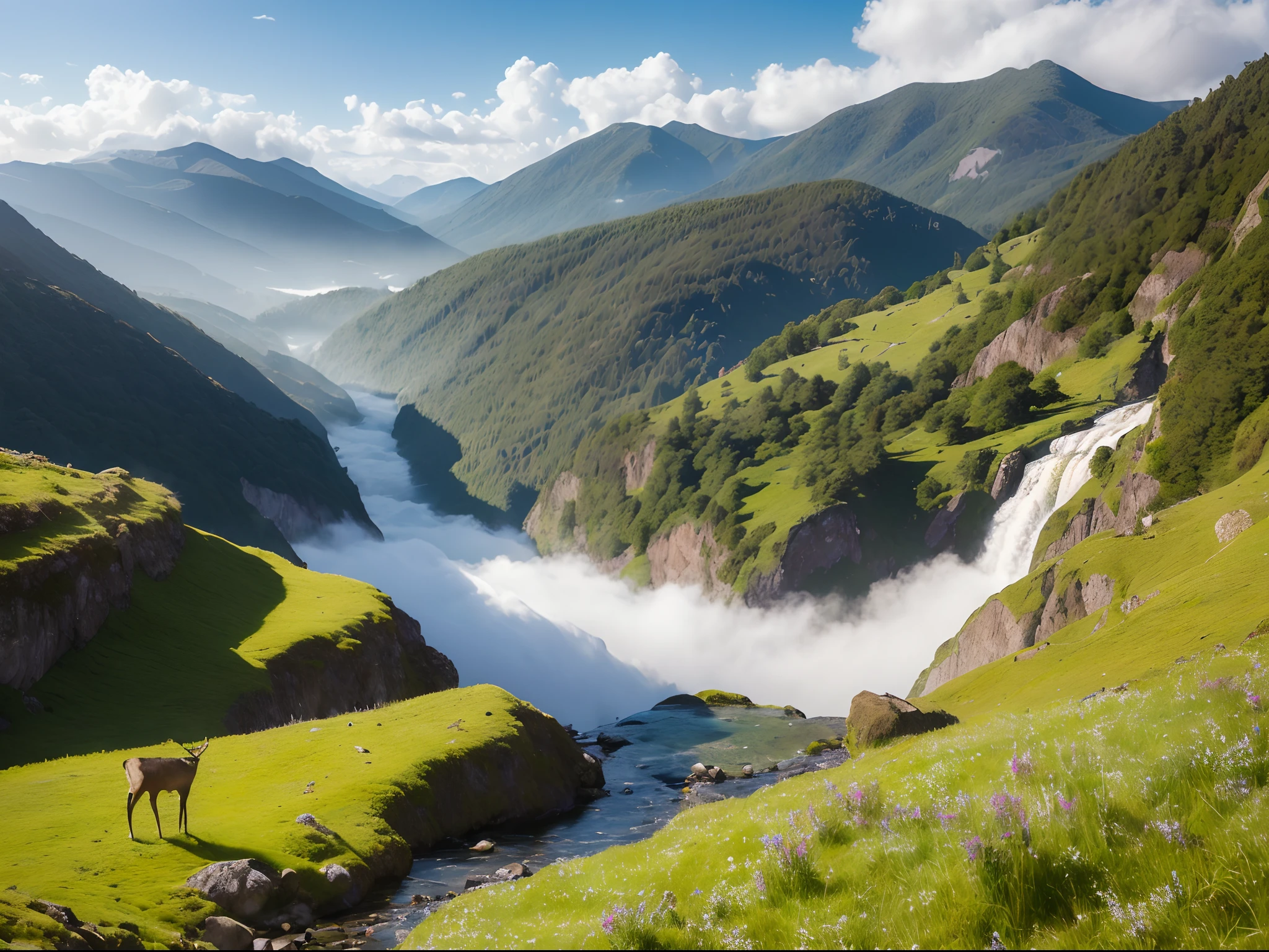 (masterpiece, high resolution, photorealistic:1.2), rolling mountains, snow-capped peaks, crystal clear stream, colorful wildflowers, (lush greenery:1.1), cascading waterfalls, (dramatic clouds:1.2), blue skies, serene atmosphere, (warm sunlight:1.1), distant forest, jagged rocks, (herd of grazing deer:1.3), peaceful, (misty fog:1.2), cool colors, diagonal shot, looking down, richly textured terrain, intricate details in the rocks and grass, (shadows cast by the clouds:1.1), (painted-like quality:1.2).