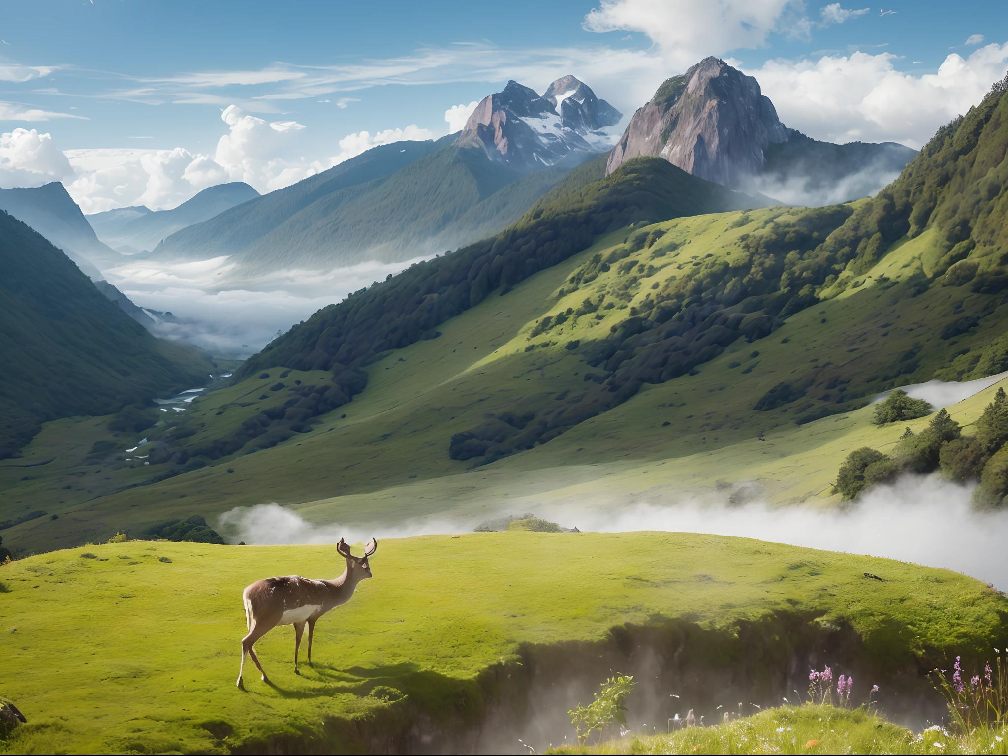 (masterpiece, high resolution, photorealistic:1.2), rolling mountains, snow-capped peaks, crystal clear stream, colorful wildflowers, (lush greenery:1.1), cascading waterfalls, (dramatic clouds:1.2), blue skies, serene atmosphere, (warm sunlight:1.1), distant forest, jagged rocks, (herd of grazing deer:1.3), peaceful, (misty fog:1.2), cool colors, diagonal shot, looking down, richly textured terrain, intricate details in the rocks and grass, (shadows cast by the clouds:1.1), (painted-like quality:1.2).