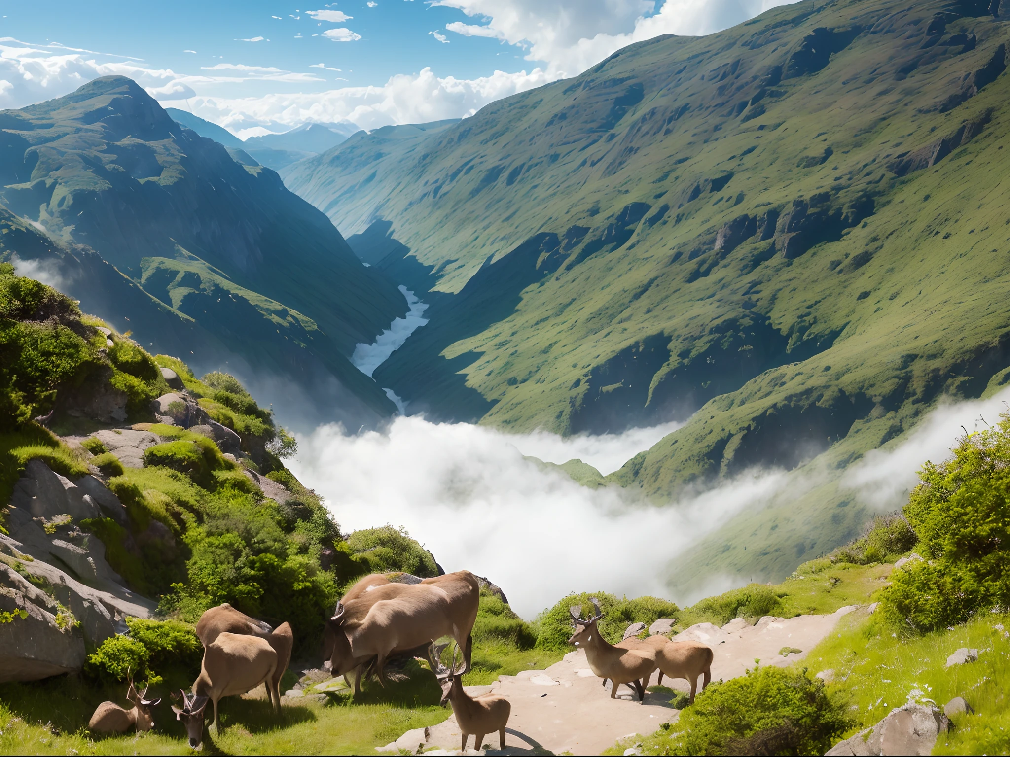 (masterpiece, high resolution, photorealistic:1.2), rolling mountains, snow-capped peaks, crystal clear stream, colorful wildflowers, (lush greenery:1.1), cascading waterfalls, (dramatic clouds:1.2), blue skies, serene atmosphere, (warm sunlight:1.1), distant forest, jagged rocks, (herd of grazing deer:1.3), peaceful, (misty fog:1.2), cool colors, diagonal shot, looking down, richly textured terrain, intricate details in the rocks and grass, (shadows cast by the clouds:1.1), (painted-like quality:1.2).