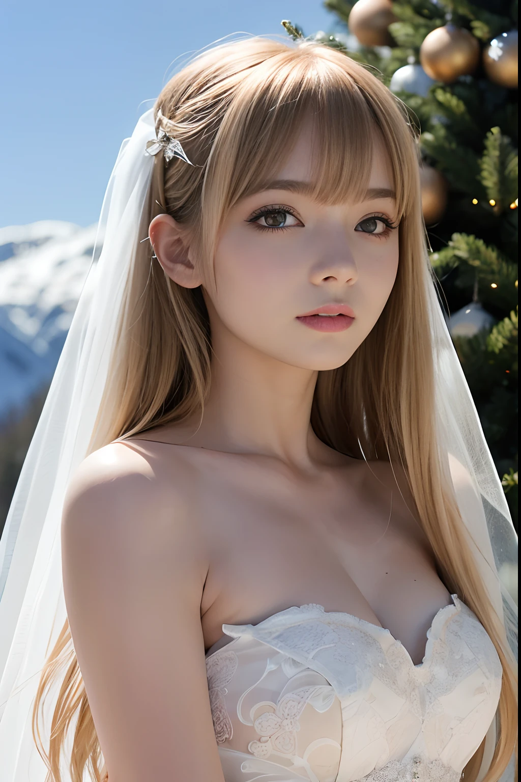 A girl,,pretty face,wedding dress,european countryside,blonde,bangs bangs,muscular arms,snow field and Xmas tree