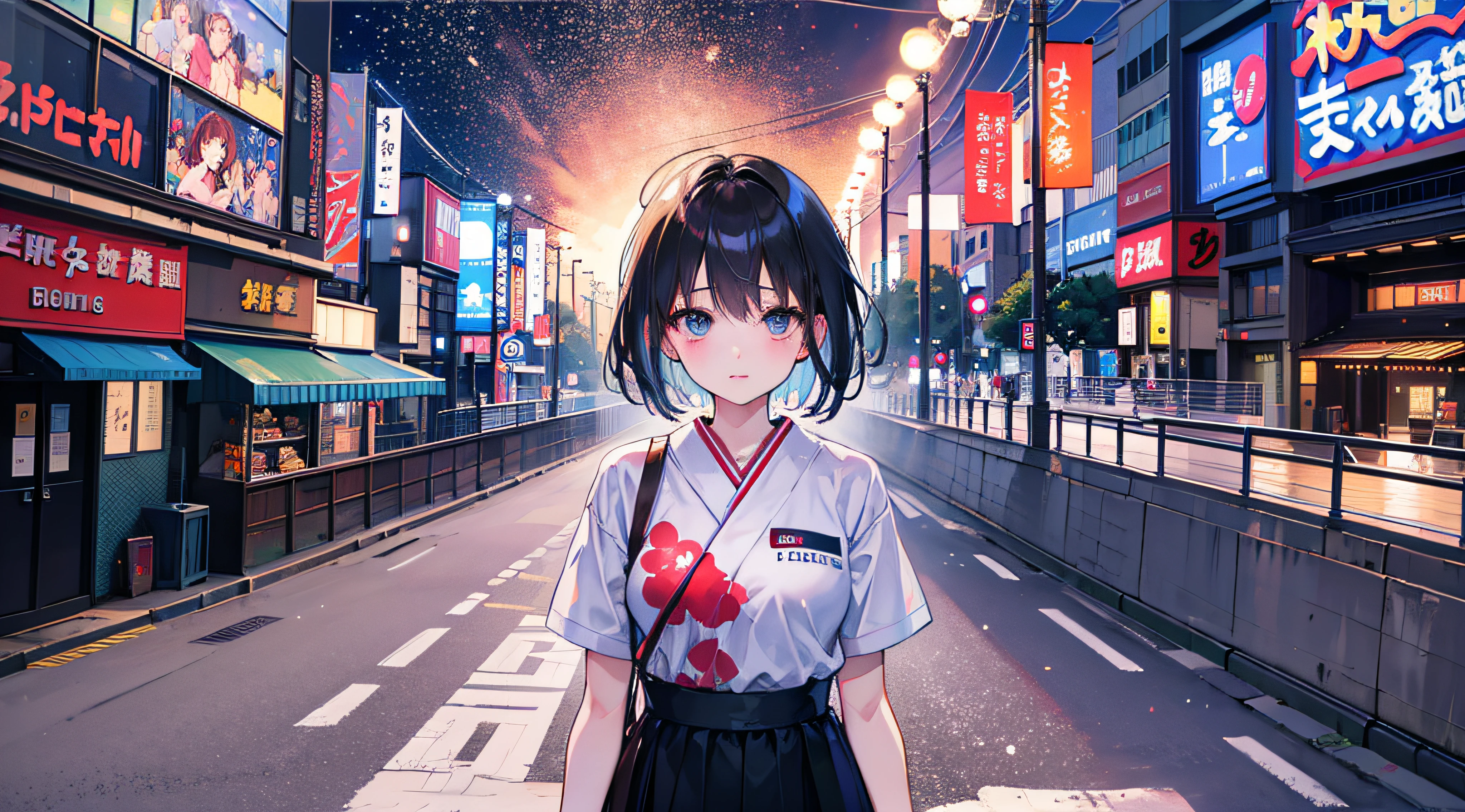 (Realistic painting style:1.0), Masterpiece, Best quality, absurderes, comic strip, illustration,
1 girl, medium hair, cute girl, young and cute girl, japanese girl, {Breasts},
a girl standing on a bridge with lights in the background, with short hair, in tokyo, in tokyo at night, in carnival, carnival,