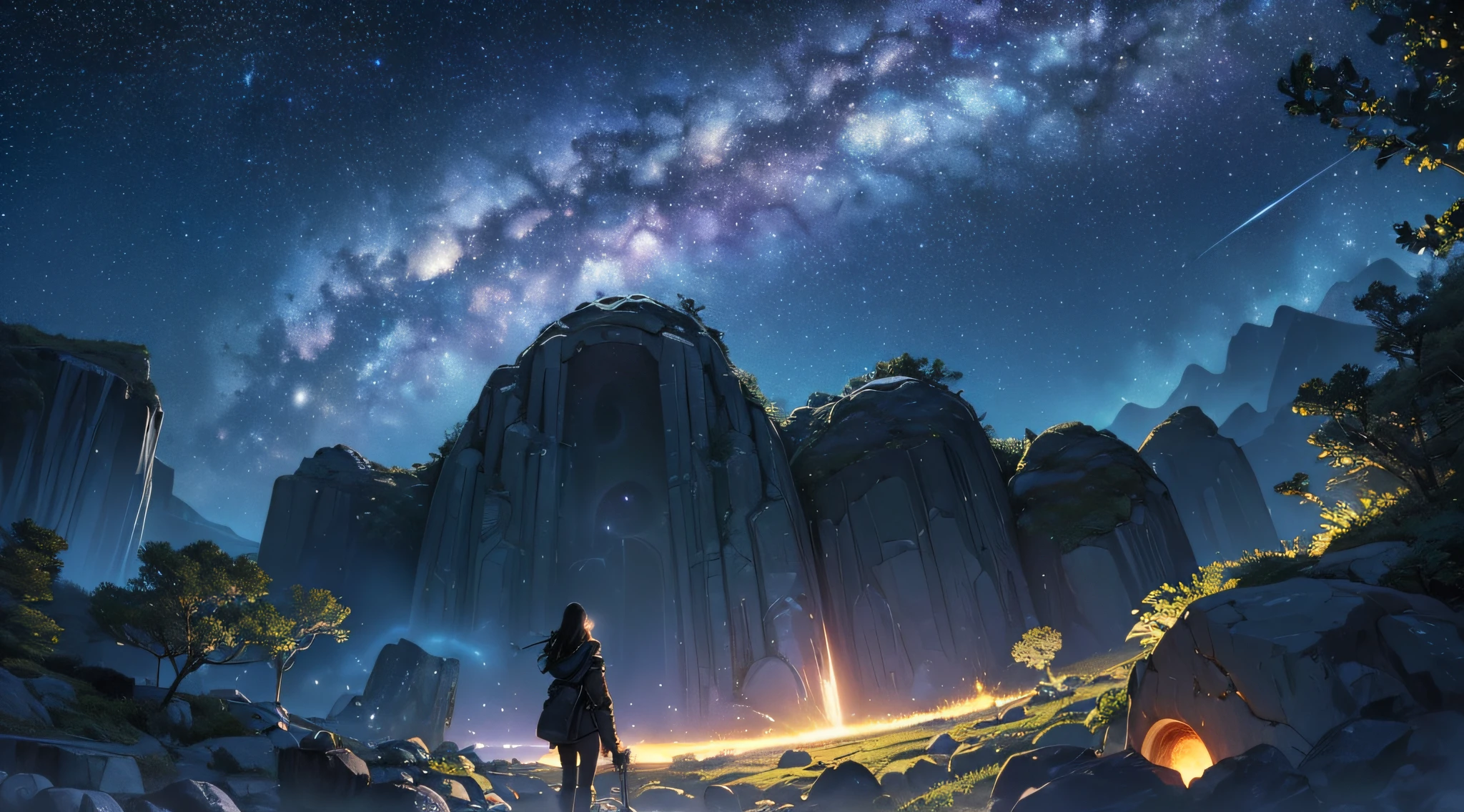 masterpiece、Background with((Fantastic starry sky、meteors、black hole))、Depth((Huge mysterious boulders、Luminescent、plants))、a beauty girl、Rear view、Looking up