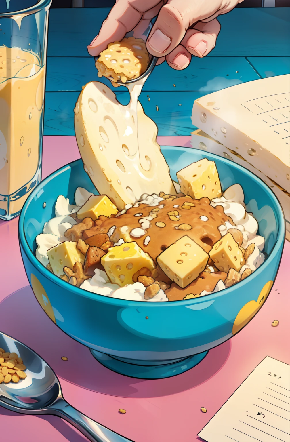 a bored sponge bob eating a bowl of cereal