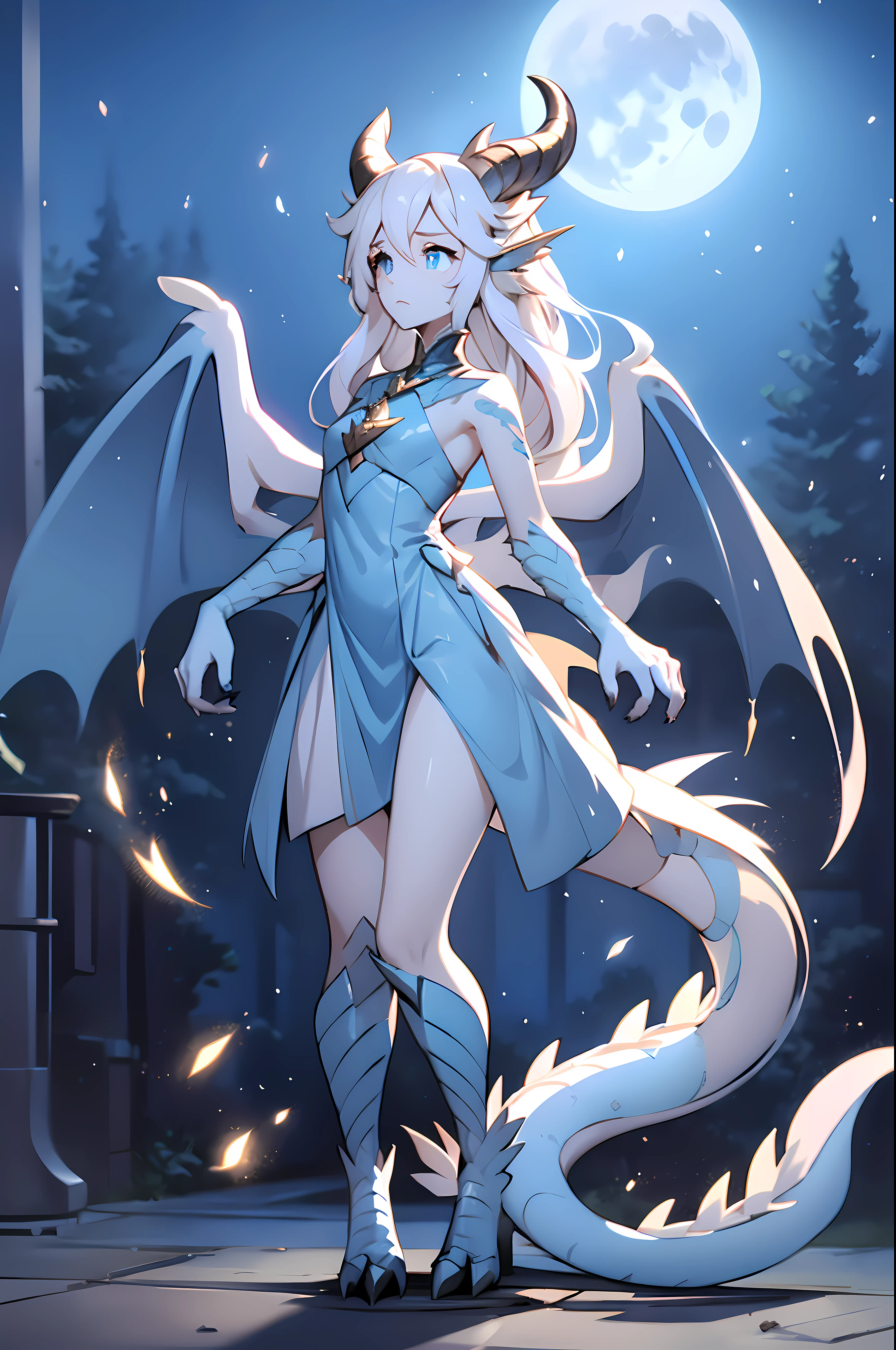 1woman, very long wavy white hair, glowing blue dragon eyes, pale blue scales, slender and tall, determined face, very long dress, dragon legs and hands, 2 wings, 1 tail, 6 horns with 3 on each side, under the moon, small-medium chest