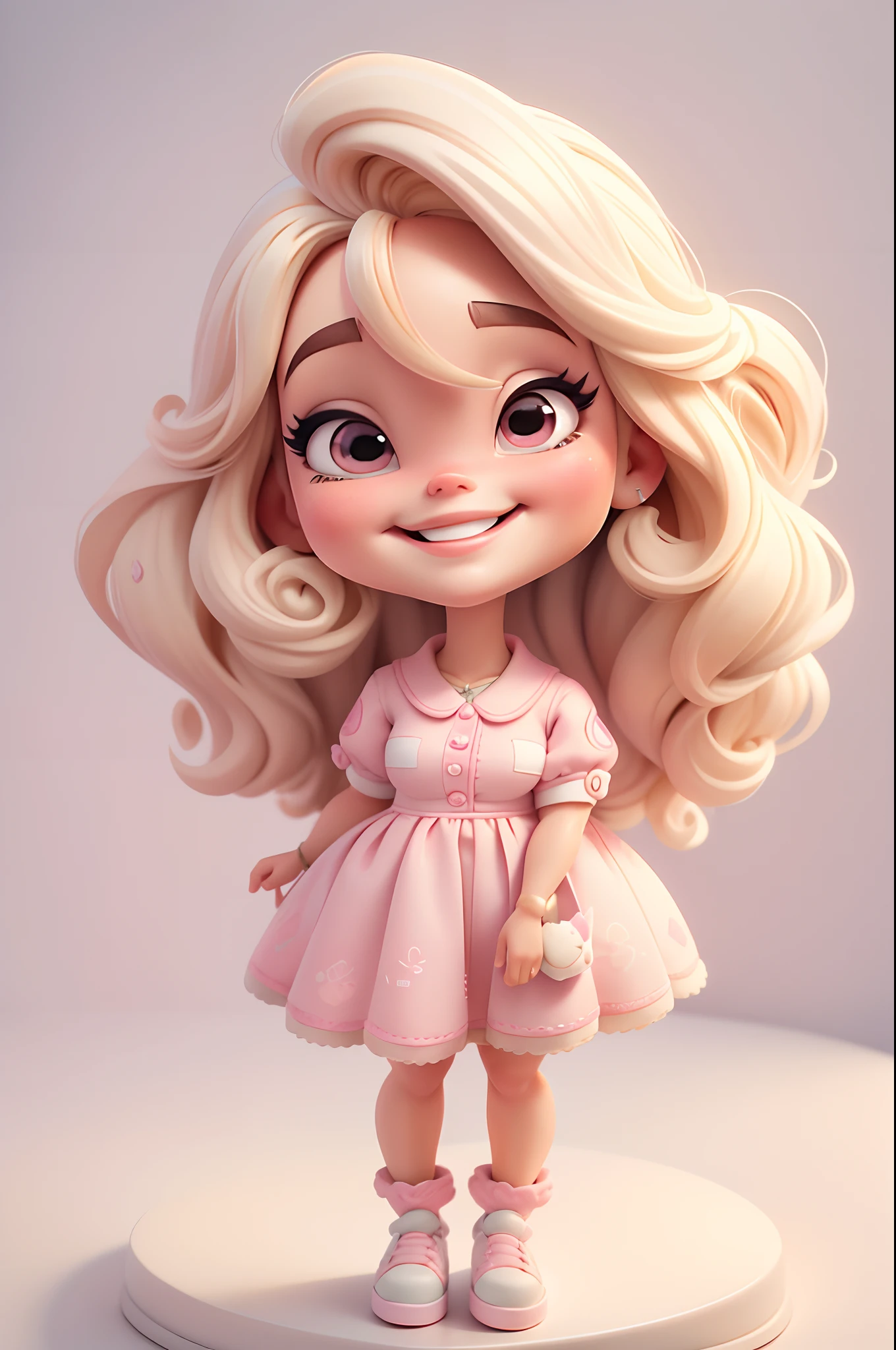 imagem de alta qualidade de uma boneca chibi boneca chibi, margot robbie, estilo filme barbie 2023, Detalhes delicados, fundo branco, solid background, feliz, sorrindo, corpo inteiro,standingn, corpo inteiro, white sneakers, style Clueless movie, blonde hair, vestido rosa