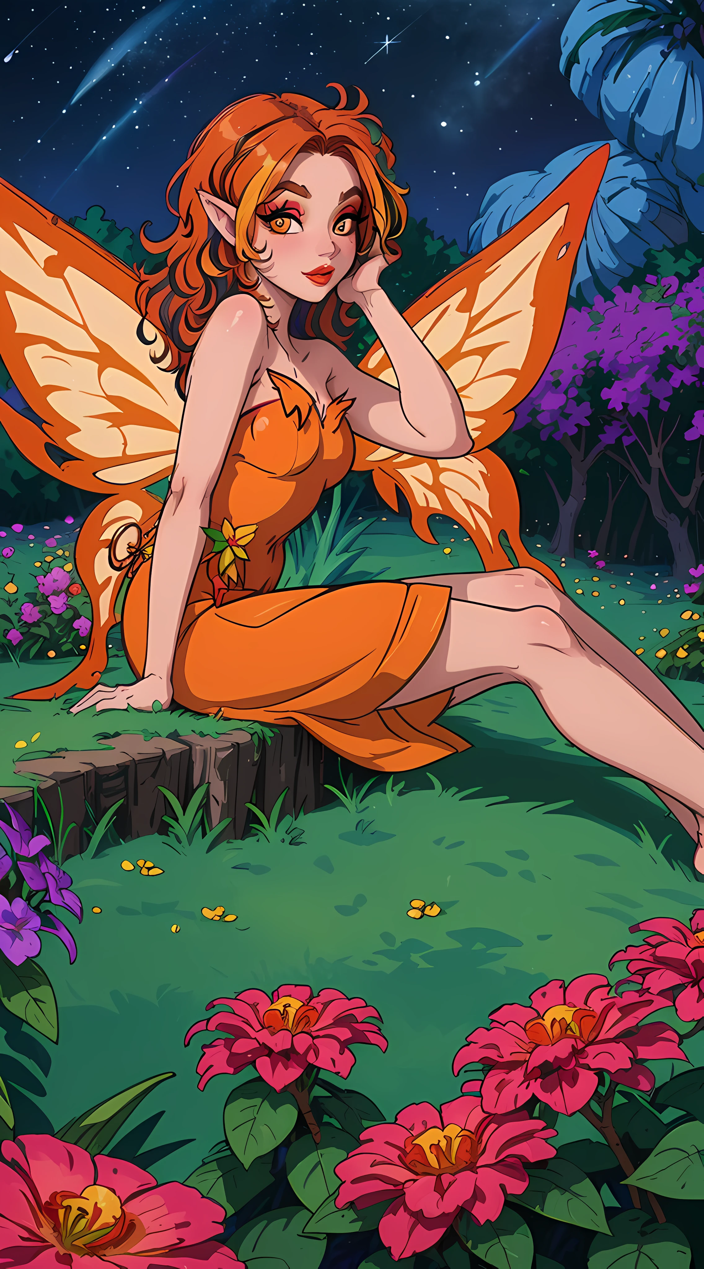 (symmetrical:1.3), (solo:1.3), (front view:1.3) of an adorable firefaerie (((((looking at the viewer))))), masterpiece, 4k, highly detailed, orange hair, multicolored hair, (big fairy wings), strapless dress, makeup, bare shoulders, hair over one eye, mysterious starry night, ((relaxing pose)) in the nature, (magical flowers), (glowing little butterflies), breathtaking forest