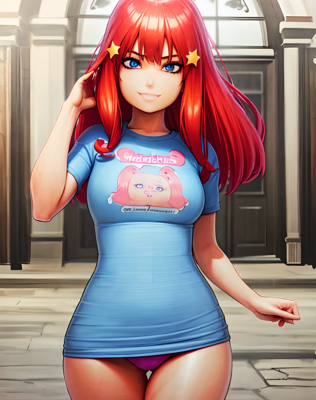 masterpiece, best quality,(best shadow),1girl,looking at viewer,expressive eyes, marker \(medium\), traditional media  red hair, blue eyes, star ornament, tight tshirt, panties, thick thighs, smile