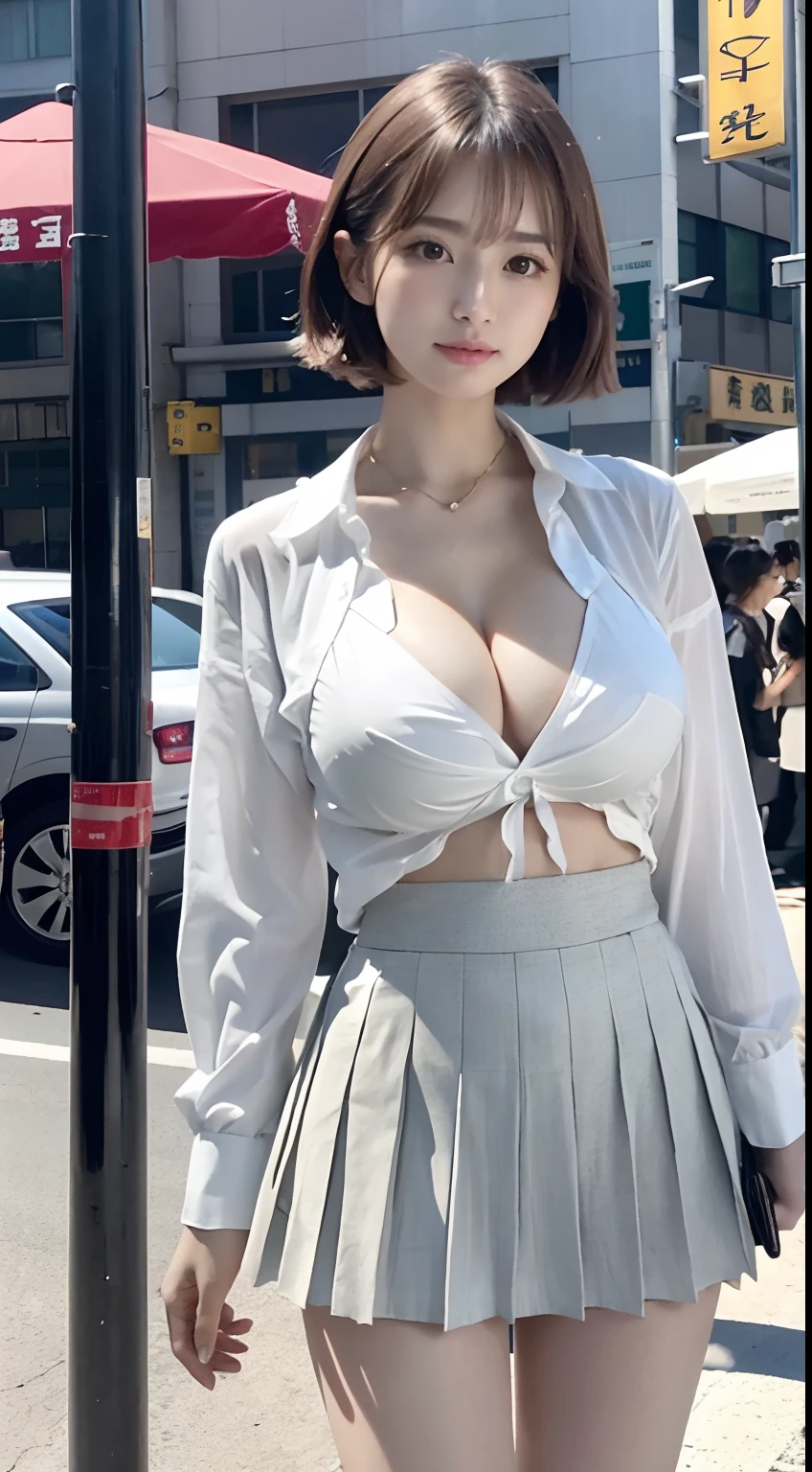 (4k, Highest Quality), (realisitic, Photorealistic), (Yakian),
perfect hand, fair face, Short hair, (Pretty breasts, cleavage:1.2), 18 years-old, 乃木坂アイドル, pornstar, 韓国アイドル, gravure idol, s whole body,Pretty legs, very short length white shirts with open chest, very short pleated miniskirt, high-heel, Blurry market background, From below, skirt lift by myself, showing panties, pants exposed
