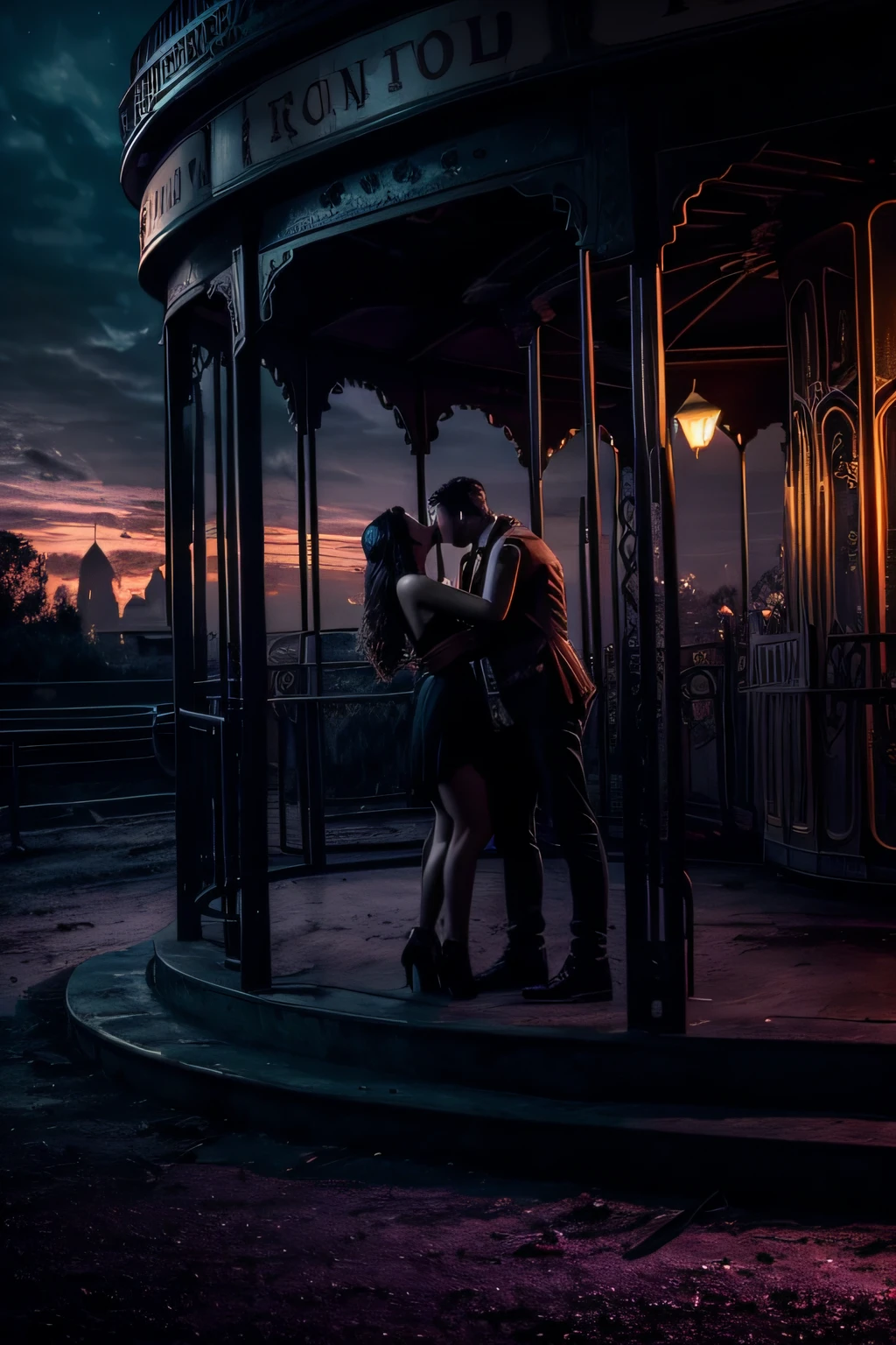 (best quality,ultra-detailed,realistic:1.37),nighttime,abandoned amusement park,merry-go-round,A man and woman,sexual intercourse,moody lighting,haunting atmosphere,dark ambience,detailed background,deserted surroundings,distant city lights,dusty and decaying environment,ominous sky,vibrant colors,emotional connection,intimate moment,forbidden romance,forbidden love,sensual passion,whispering secrets,shadows and silhouettes,pleasure and desire,lost innocence,evocative,subtle facial expressions,resonating emotions,passionate embraces,whirlwind of emotions,heartache and longing,under the moonlight,secret rendezvous,surreal moment,unforgettable experience,magic in the air,unleashing desires,unbound passion,dreamlike aesthetic,feeling of trespassing,transcending reality,unspoken connection,romantic escapade