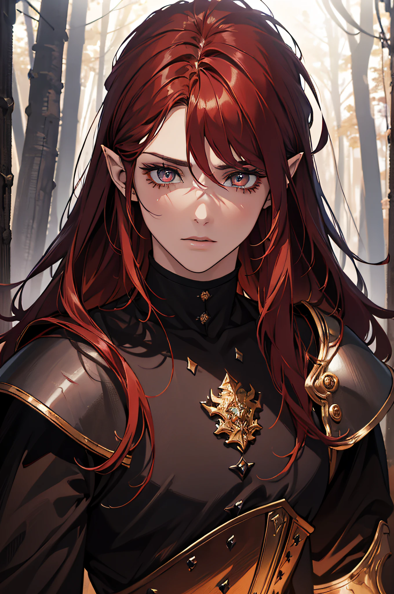 (absurdres, highres, ultra detailed), 1 man, adult, beautiful, strong, musculous, pointy ears, long red-haired, cristal amber eyes, detailed face, finely detailed eyes, fantasy, dark brown clothes warrior, leather armor, fantasy forest, dark forest, dark theme, cinematic lighting, colorful