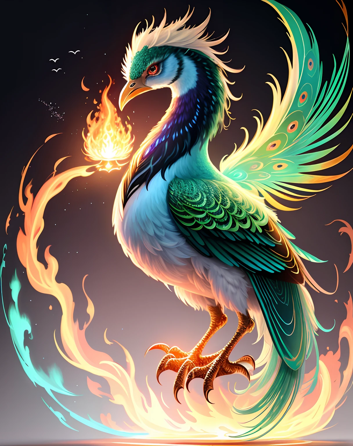 Top image quality、"Create cute creature masterpieces with inspired ultra-detailed concept art. Let your imagination come alive", ((Immortal Bird))、(phoenix)、(fengxi),A flashy appearance like a peacock、 high detailing, in 8K、Top image quality、jump up、uses magic、The background is the magic of fire