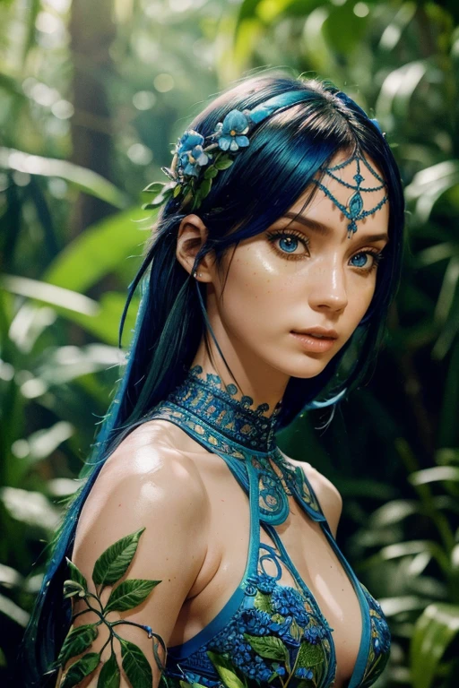 fashion photography portrait of blue human avatar, in blue lush jungle with flowers and birds, 3d render, cgi, symetrical, octane render, 35mm, bokeh, 9:16, (intricate details:1.12), hdr, (intricate details, hyperdetailed:1.15), (natural skin texture, hyperrealism, soft light, sharp:1.2)