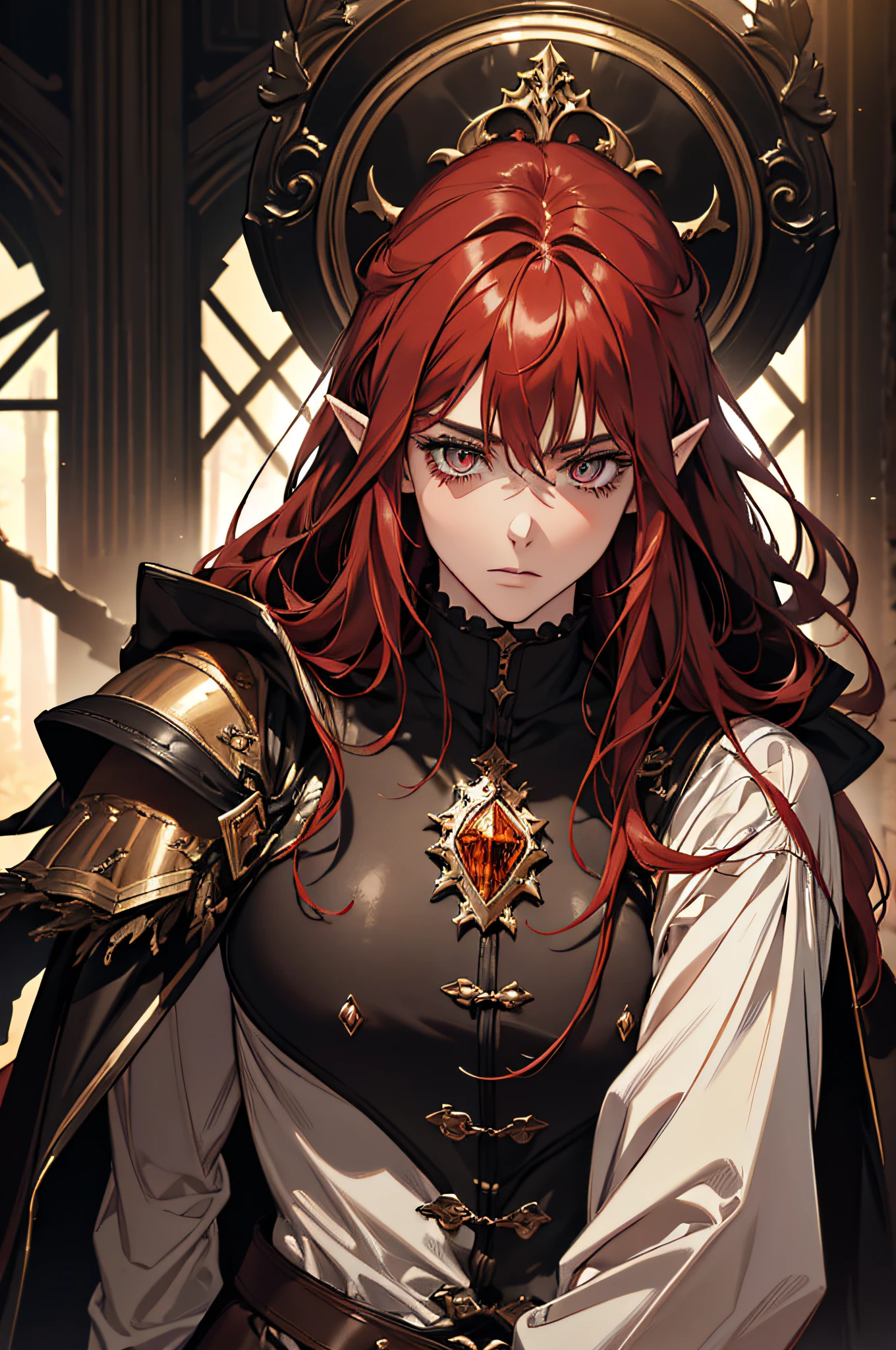 (absurdres, highres, ultra detailed), 1 man, adult, beautiful, strong, musculous, pointy ears, long red-haired, cristal amber eyes, detailed face, finely detailed eyes, fantasy, dark brown clothes warrior, leather armor, fantasy forest, dark forest, dark theme, cinematic lighting, colorful