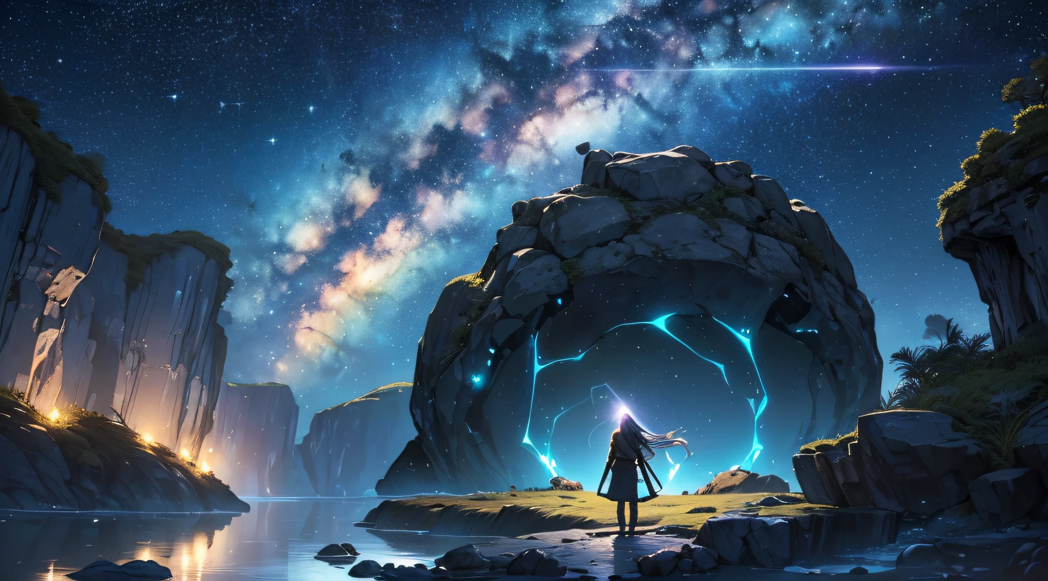 masterpiece、Background with((Fantastic starry sky、meteors、black hole))、Depth((Huge mysterious boulders、Luminescent、plants))、a beauty girl、Rear view、Looking up