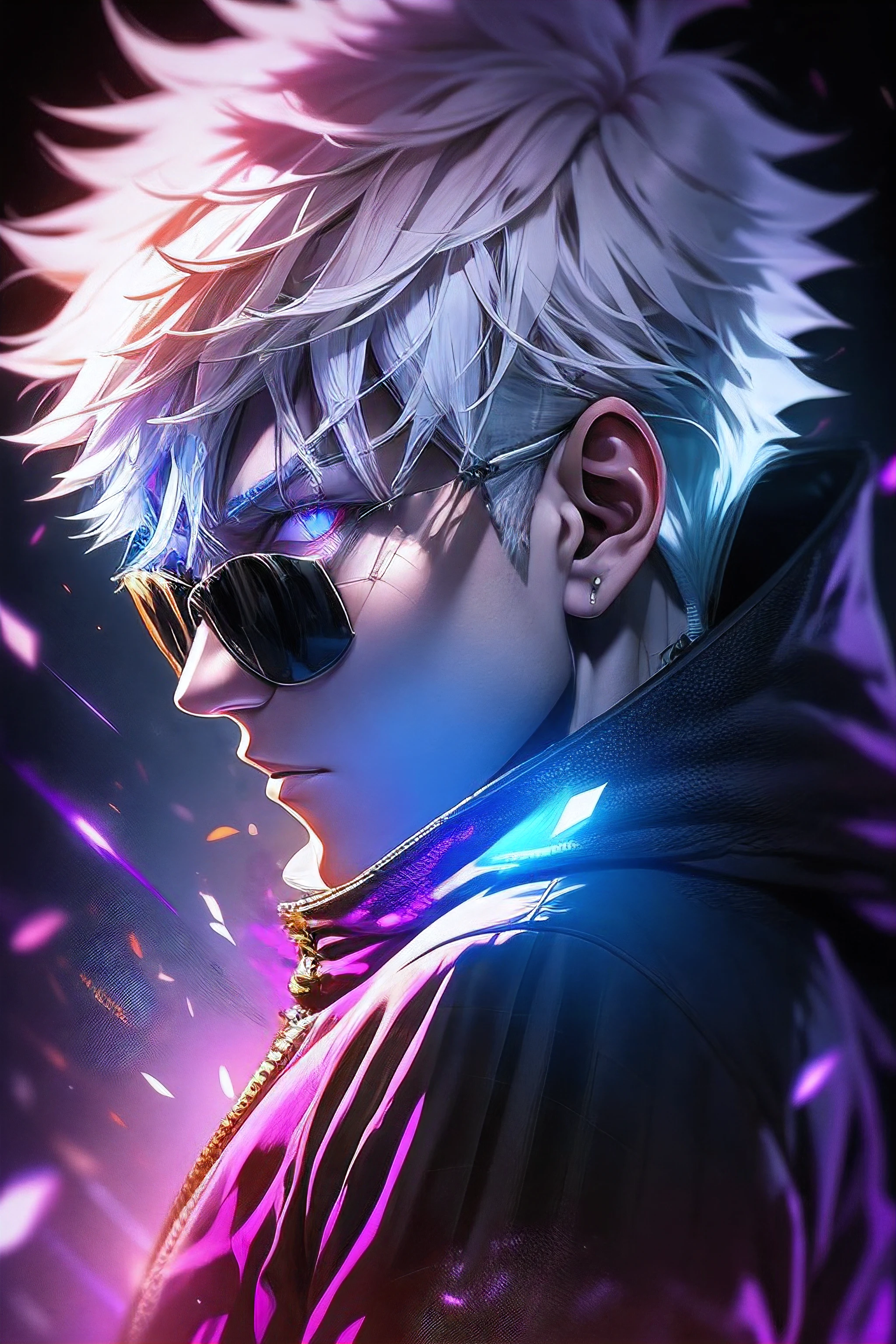 a man with white hair and a purple jacket holding a cell phone, cyberpunk art inspired by Munakata Shikō, tumblr, digital art, ufotable art style, anime wallaper, profile picture 1024px, trigger anime artstyle, badass anime 8 k, tokyo ghoul, 4k anime wallpaper, jujutsu kaisen