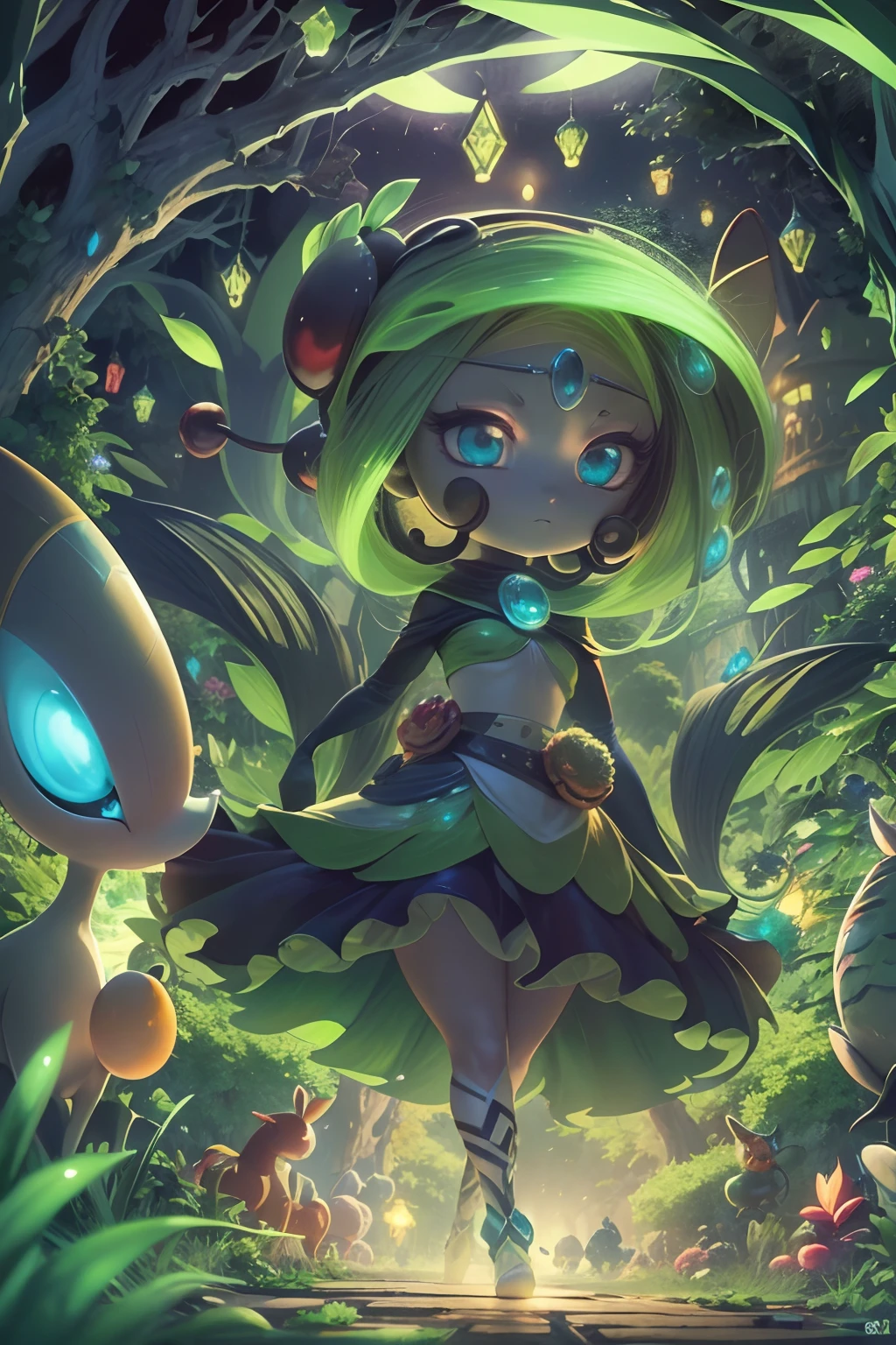 (best quality, 4k, 8k, high resolution, masterpiece: 1.2), (ultra detailed), (anime style), (Pokémon), (creature), (meloetta), (garden at night), (mystical glow all around), portraits, anime, sharp focus, vivid colors, HDR