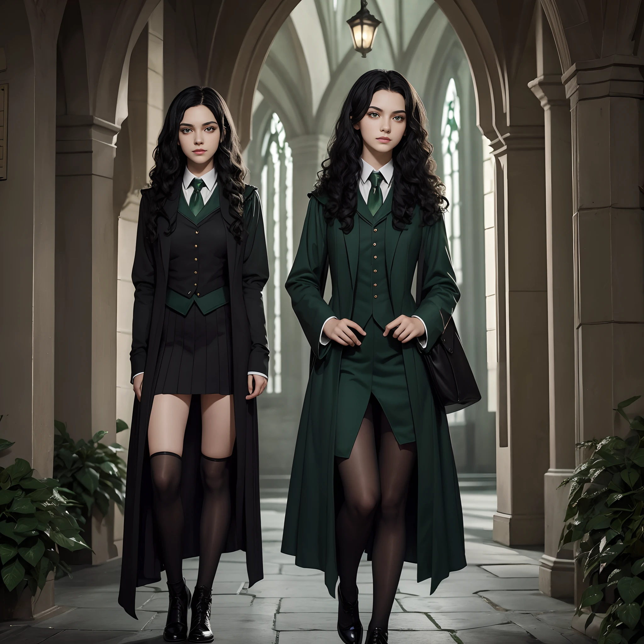 Beautiful Slytherin student, 18 years old,  soft curly black hair, high cheekbones, slanted green eyes, full body