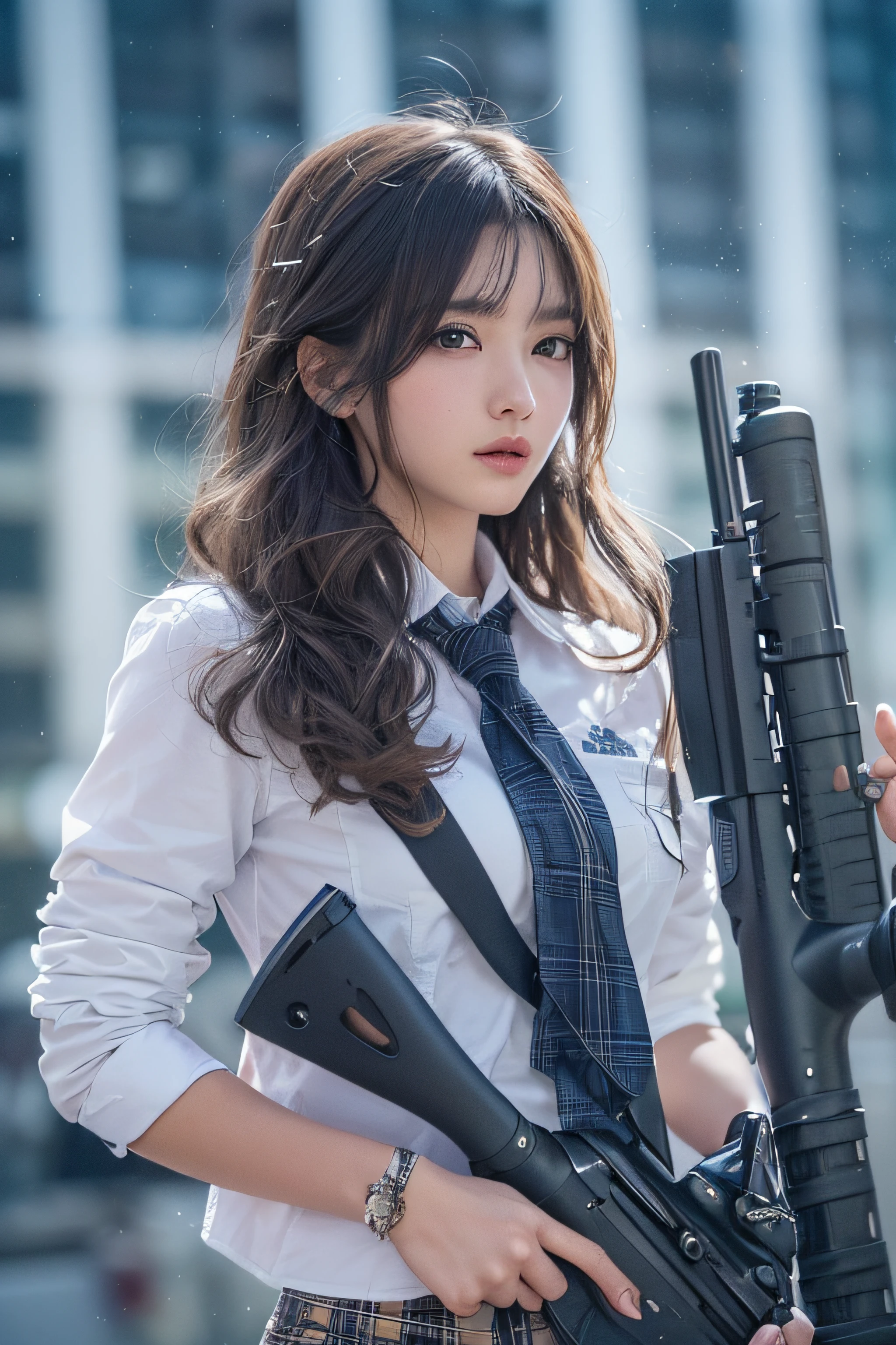 1womanl、(Super beautiful)、(beauitful face:1.5)、(A detailed face)、is standing、(high-school uniform)、Dark blue jacket、white  shirt、neck tie、Plaid mini skirt、Brown hair、(Dark makeup)、(holding rifle)、(Aim your rifle:1.5)、h&K HK416、(On the roof of a high-rise building)