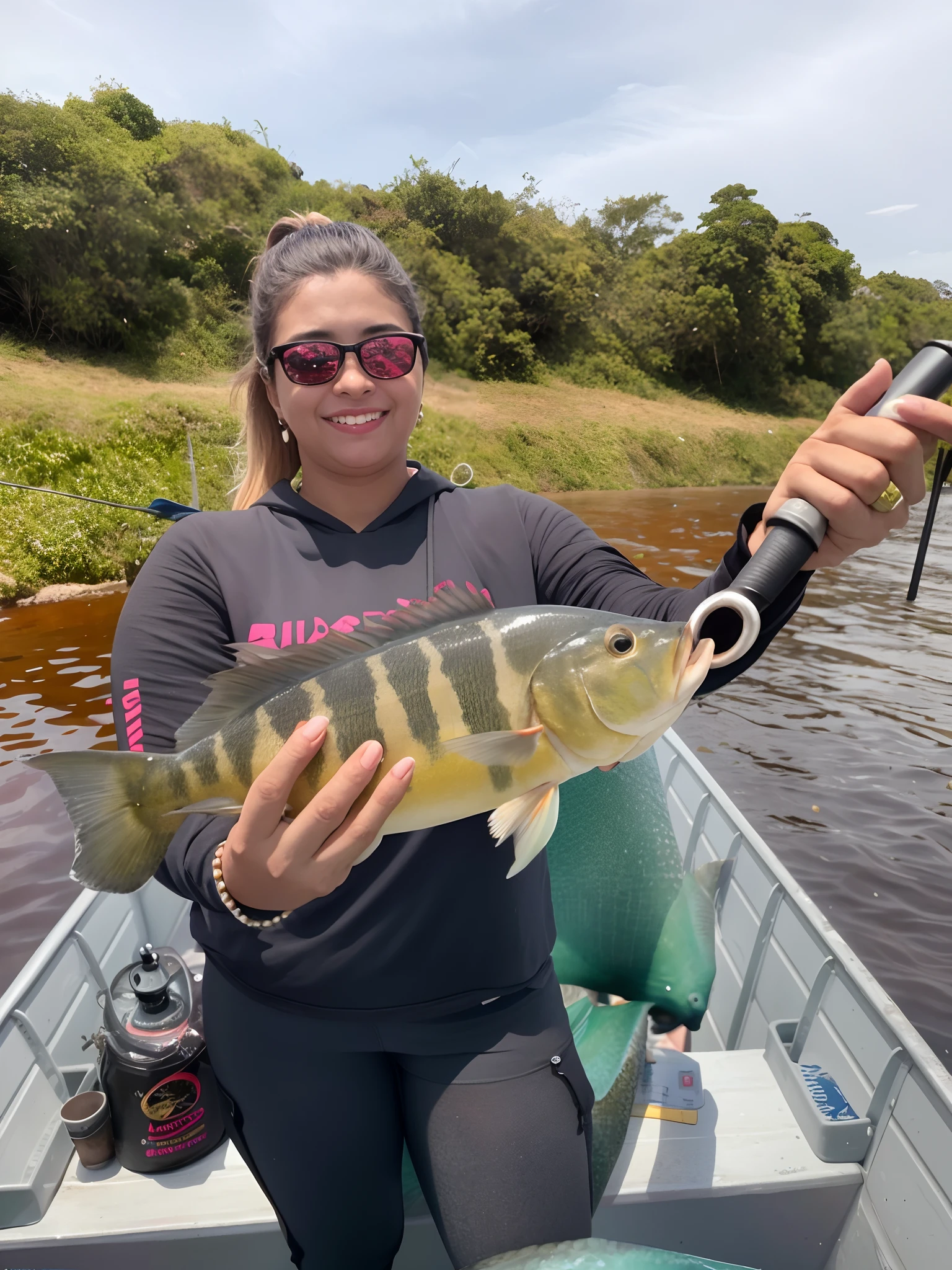mulher segurando um peixe em um barco em um rio, Marischa Becker, Fotografia tirada em 2 0 2 0, Karla Ortiz, Caroline Gariba, Malika Favre, pesca de robalo grande, new species, peixes no fundo, tomada em 2 0 2 3, A beautiful detailed orisha