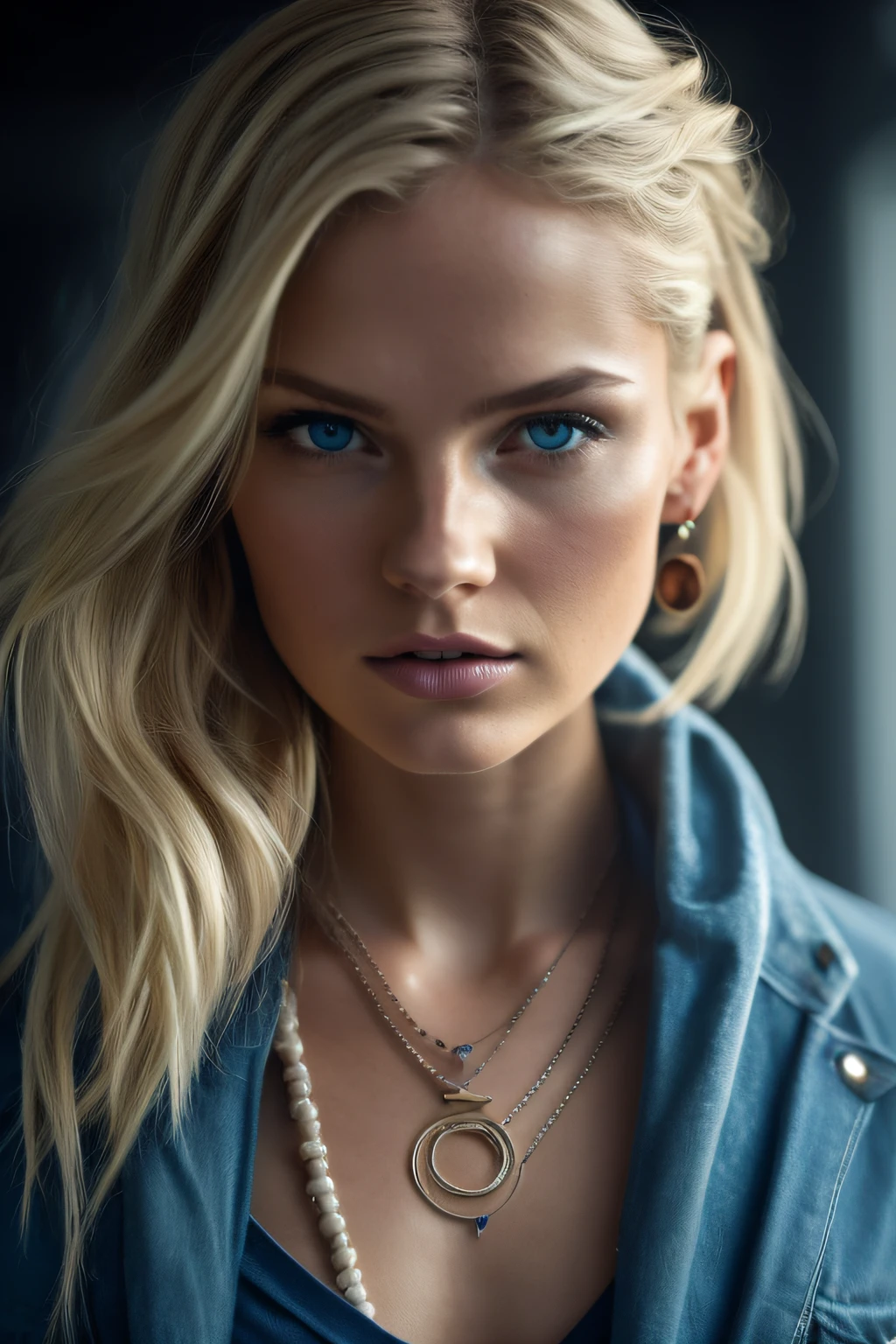 Slender, young, short blonde hair, blue eyes, natural skin texture, 24mm, 4K textures, soft cinematic light, RAW photography, photorealistic, photorealistic, complex, elegant, highly detailed, sharp focus, (((cinematic look))), calm Tone, Insane Detail, Complex Detail, Ultra Detail, High Contrast, Soft Cinematic Light, Dim Colors, Exposure Blending, HDR, Faded, Cold, Waist Thin, Well-Proportioned, (8k, 4k, Top Quality, Hi-Res: 1.1), (Realistic, Photorealistic: 1.1), Girl, Twin Tails, Blonde Hair, Bangs, Long Hair, Necklace, Earrings, Lips, Eye Shadow, Jewelry, (Viewer Looking For: 1.8), Spaghetti Straps, Detail, High Contrast, from_side, srfc, stunning complex full color, spectacular character composition, sharp focus, natural light, sub-surface scatter, f2, 35mm, film grain