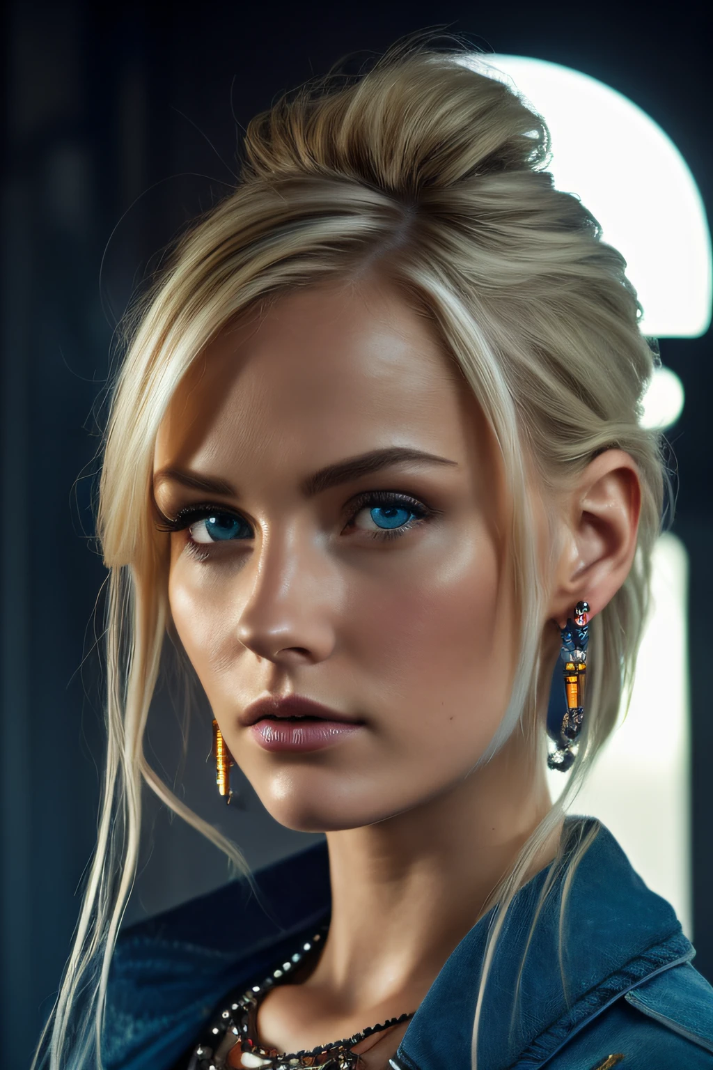 Slender, young, short blonde hair, blue eyes, natural skin texture, 24mm, 4K textures, soft cinematic light, RAW photography, photorealistic, photorealistic, complex, elegant, highly detailed, sharp focus, (((cinematic look))), calm Tone, Insane Detail, Complex Detail, Ultra Detail, High Contrast, Soft Cinematic Light, Dim Colors, Exposure Blending, HDR, Faded, Cold, Waist Thin, Well-Proportioned, (8k, 4k, Top Quality, Hi-Res: 1.1), (Realistic, Photorealistic: 1.1), Girl, Twin Tails, Blonde Hair, Bangs, Long Hair, Necklace, Earrings, Lips, Eye Shadow, Jewelry, (Viewer Looking For: 1.8), Spaghetti Straps, Detail, High Contrast, from_side, srfc, stunning complex full color, spectacular character composition, sharp focus, natural light, sub-surface scatter, f2, 35mm, film grain