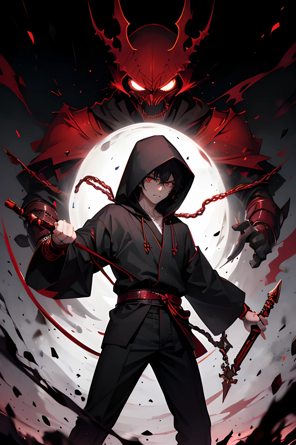 1boy, Twirling a kusarigama in the right hand, blood kusarigama, hood, Siliuet, dark style, black background, angry look