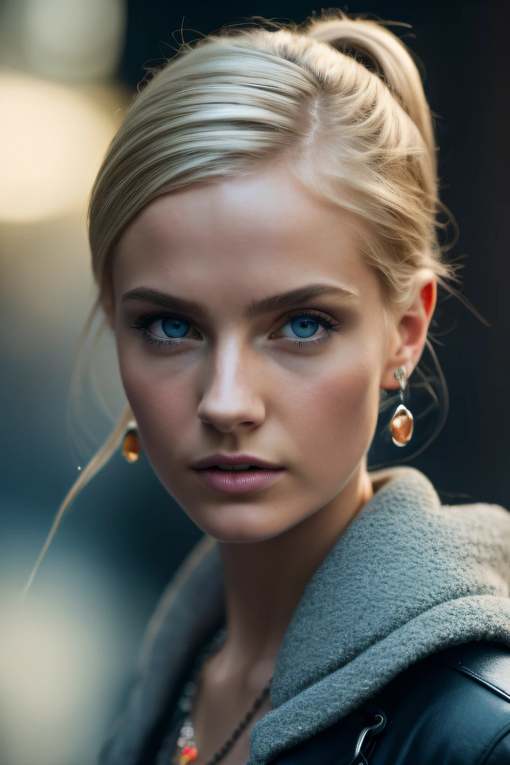 Slender, young, short blonde hair, blue eyes, natural skin texture, 24mm, 4K textures, soft cinematic light, RAW photography, photorealistic, photorealistic, complex, elegant, highly detailed, sharp focus, (((cinematic look))), calm Tone, Insane Detail, Complex Detail, Ultra Detail, High Contrast, Soft Cinematic Light, Dim Colors, Exposure Blending, HDR, Faded, Cold, Waist Thin, Well-Proportioned, (8k, 4k, Top Quality, Hi-Res: 1.1), (Realistic, Photorealistic: 1.1), Girl, Twin Tails, Blonde Hair, Bangs, Long Hair, Necklace, Earrings, Lips, Eye Shadow, Jewelry, (Viewer Looking For: 1.8), Spaghetti Straps, Detail, High Contrast, from_side, srfc, stunning complex full color, spectacular character composition, sharp focus, natural light, sub-surface scatter, f2, 35mm, film grain