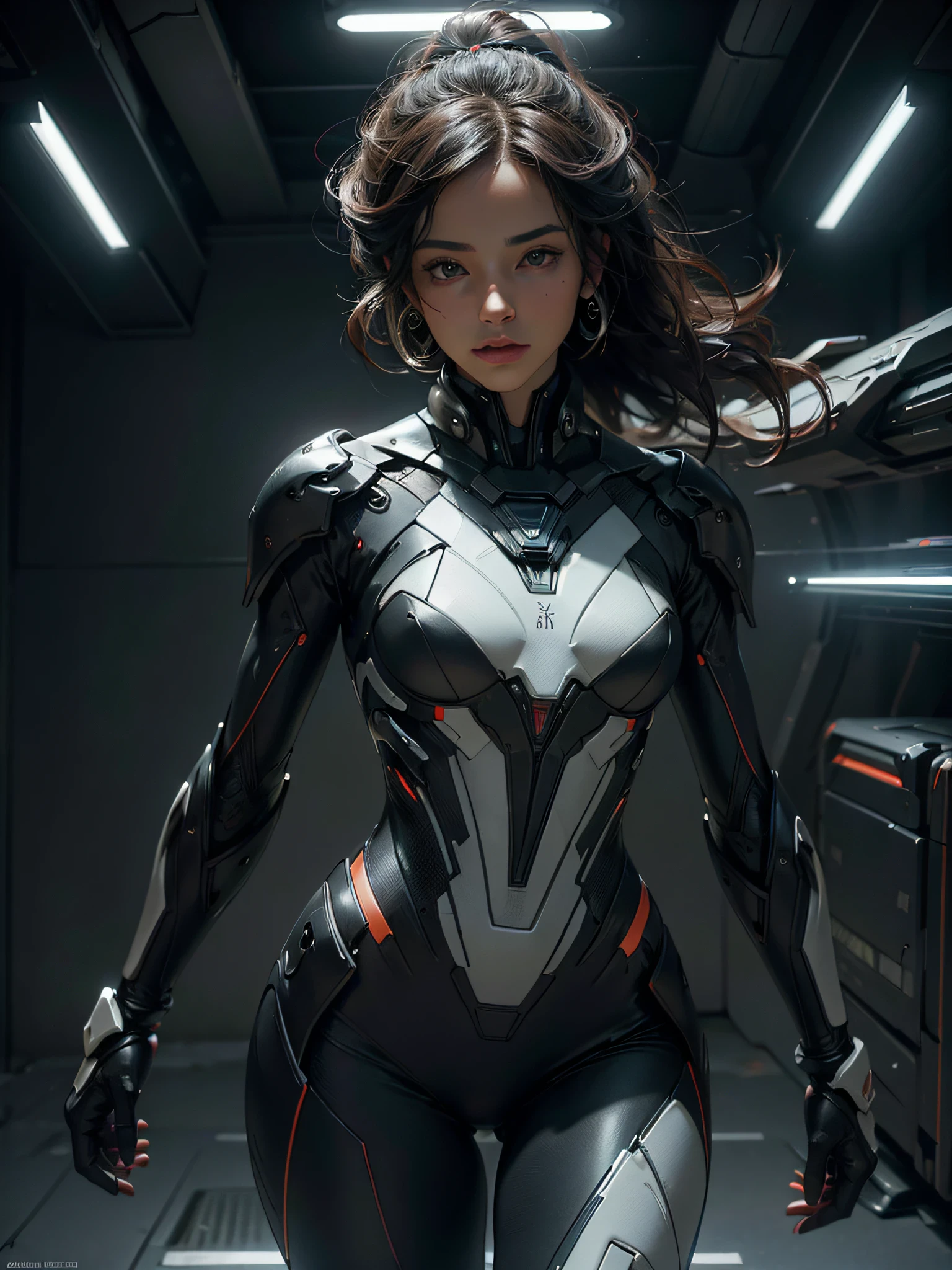 (extremamente detalhado CG unidade 8k papel de parede,master part),(best ilumination, Melhor sombra, um extremamente delicado e bonito),(1st grade),olhos azuis, Cabelos escuros,Red and black science fiction bodysuit,neck seal,High-tech science fiction runner, dynamic pose, Detailed machines, design elegante.
