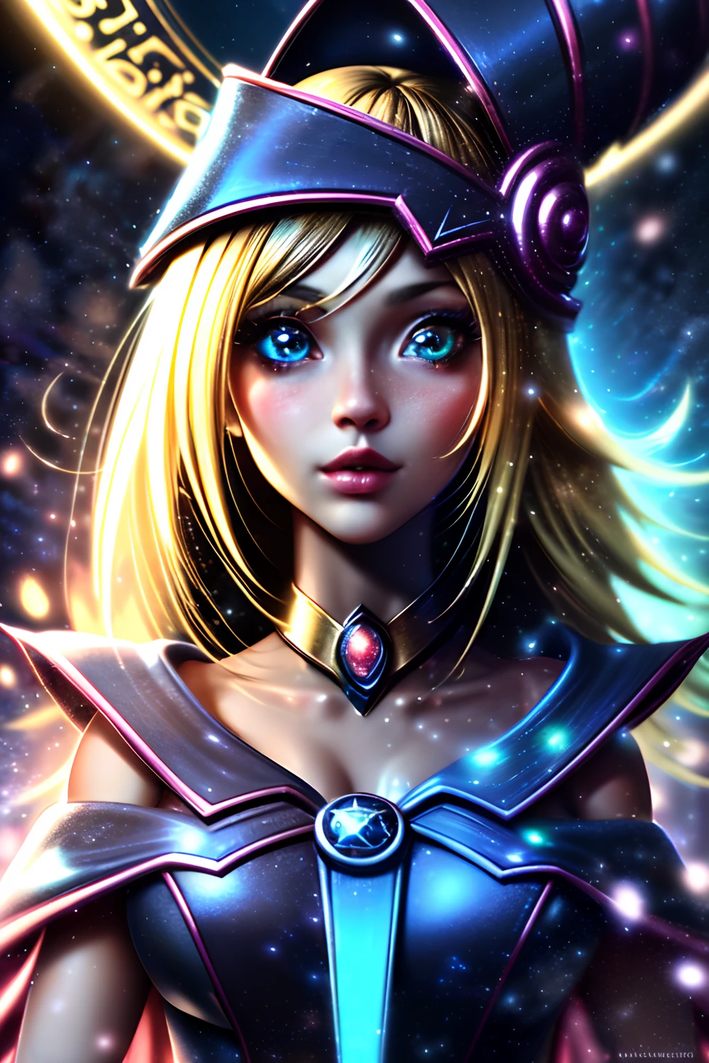 ((La mejor calidad)), ((Obra maestra)), ((realista)), retrato, dark magician gils. ojos azules. cabello rubio.
1girl, celestial, Deidad, diosa, light particles, halo, Mirando al espectador,
(bioluminiscente:0.95), Vibrante, Colorido, Color, (resplandeciente, resplandecer),
(beautiful composition), cinematic lighting, intrincado, (Symmetrical:0.5), Caprichoso,