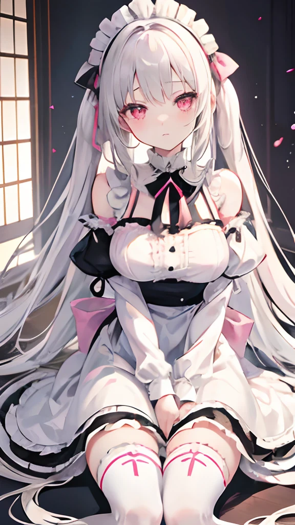 masutepiece,silver-white long hair,Pink eyes,Off-the-Shoulder Maid Clothing,girl,Heart of Love,medium build,white stockings,Inexpressive,Single horsetail,In a big house,kirakira