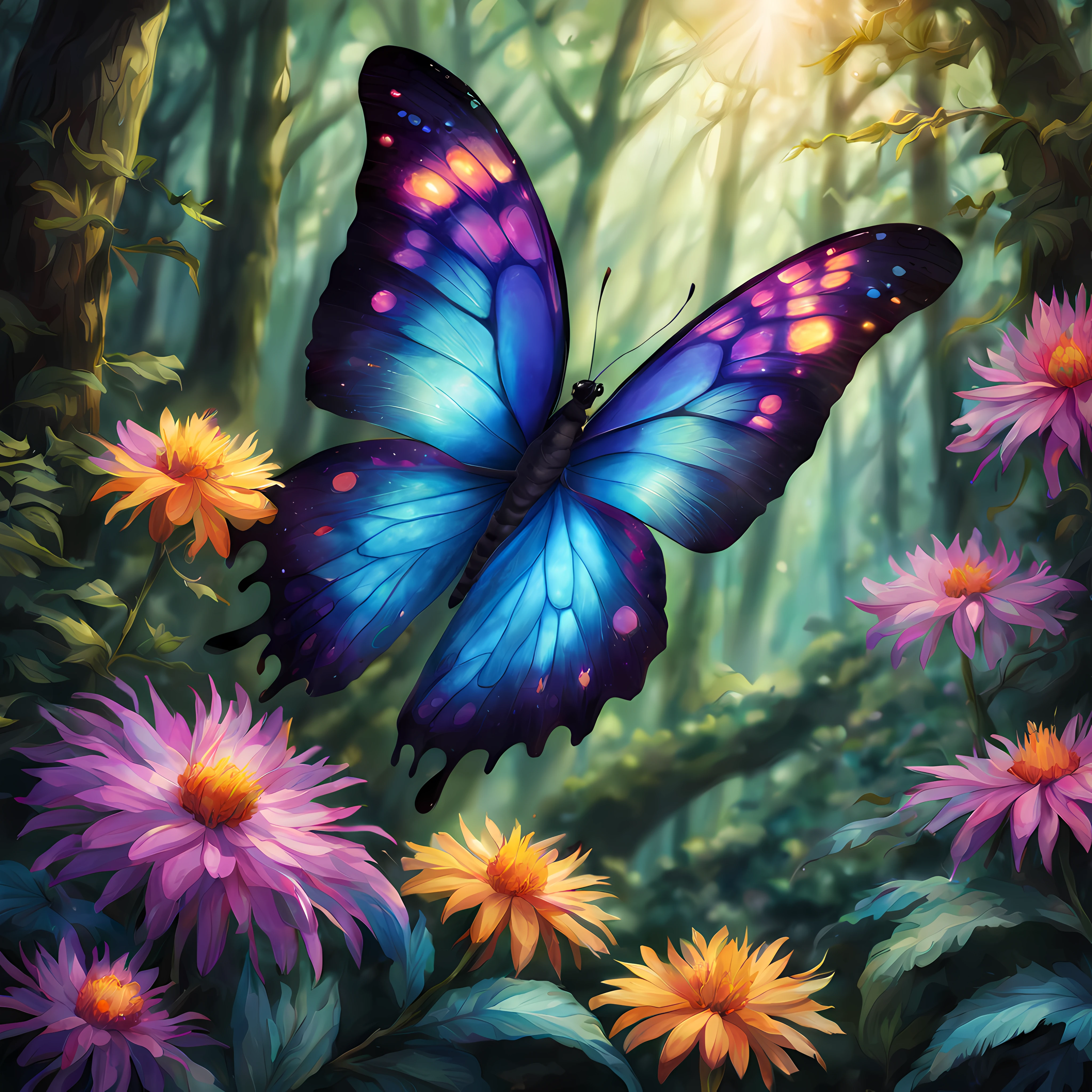 (solo:1.3) create a breathtaking illustration of a majestic butterfly adorned with vibrant iridescent wings that shimmer with enchanting colors, this magical creature gracefully soars through a mystical forest, surrounded by lush foliage and delicate flowers that seem to bloom in its presence, capture the essence of wonder beauty and magic in your drawing allowing your imagination to bring this captivating scene to life