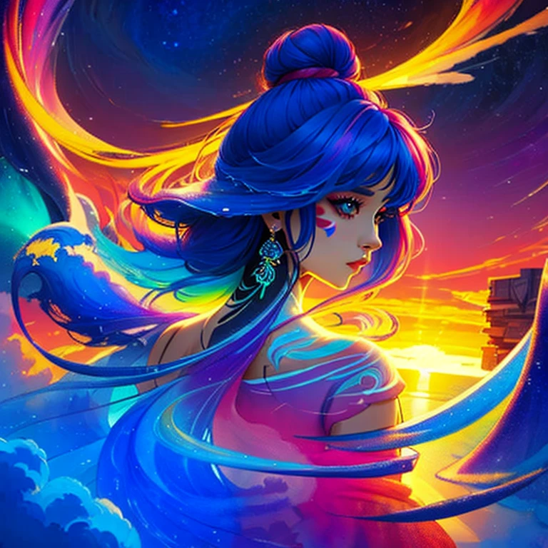 a woman with a colorful painting on her face and a sunset in the background, beautiful art uhd 4 k, art of alessandro pautasso, watercolor detailed art, a beautiful artwork illustration, beautiful gorgeous digital art, japanese art style, side profile artwork, stunning art style, gorgeous digital art, colorful art, jen bartel, exquisite digital illustration, colorful dream, inside a glass sphere