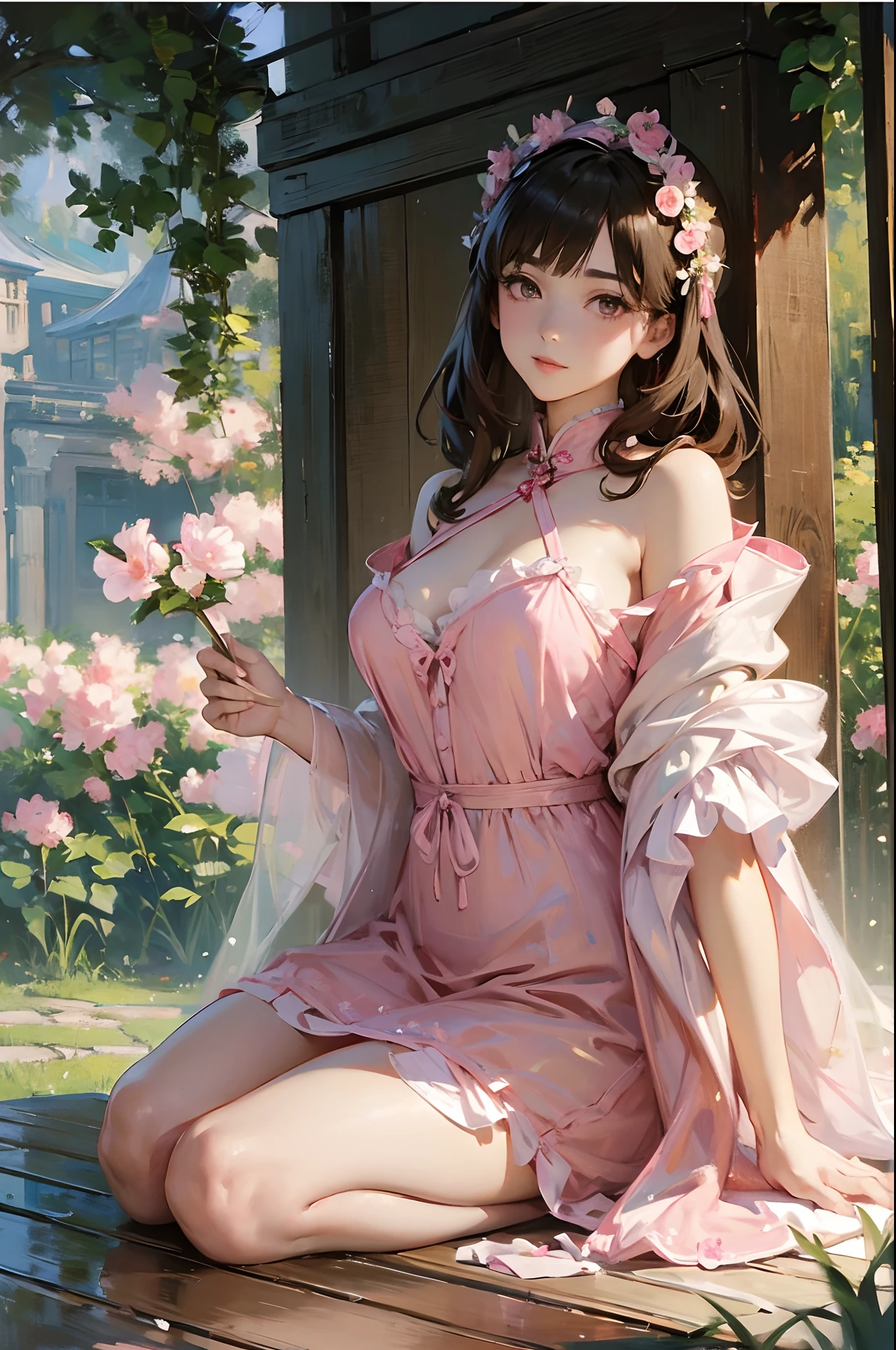 alice in the wonderland, , Waterfront, 2 women, Mature woman, elegant, Chinese style, Ancient China, sisterhood, Royal Sister, cheerfulness, Meatball heads, Light brown hair, Pink eyes, Gorgeous headdress, Light pink lips, Pink clothes, Dressed in white, Clothes in red, Yarn-like clothing, Intellectual, Flower bulbs, Face delicate,Goddess-like posture,Kneeling exercise,Slim and soft,Translucent skin,brunette color hair、Medium-long hair and messy hair blend beautifully,The skin is fair and juicy,Big breasts uniform,Perspective Part 1.2x enhanced silhouette effect,Pajamas are delicate and transparent,The details are intricate and exquisite,The background is slightly blurred,Charming and lustful leg seduction,(Monet, Impresionismo, Oil painting), 03
Mission Complete 74%