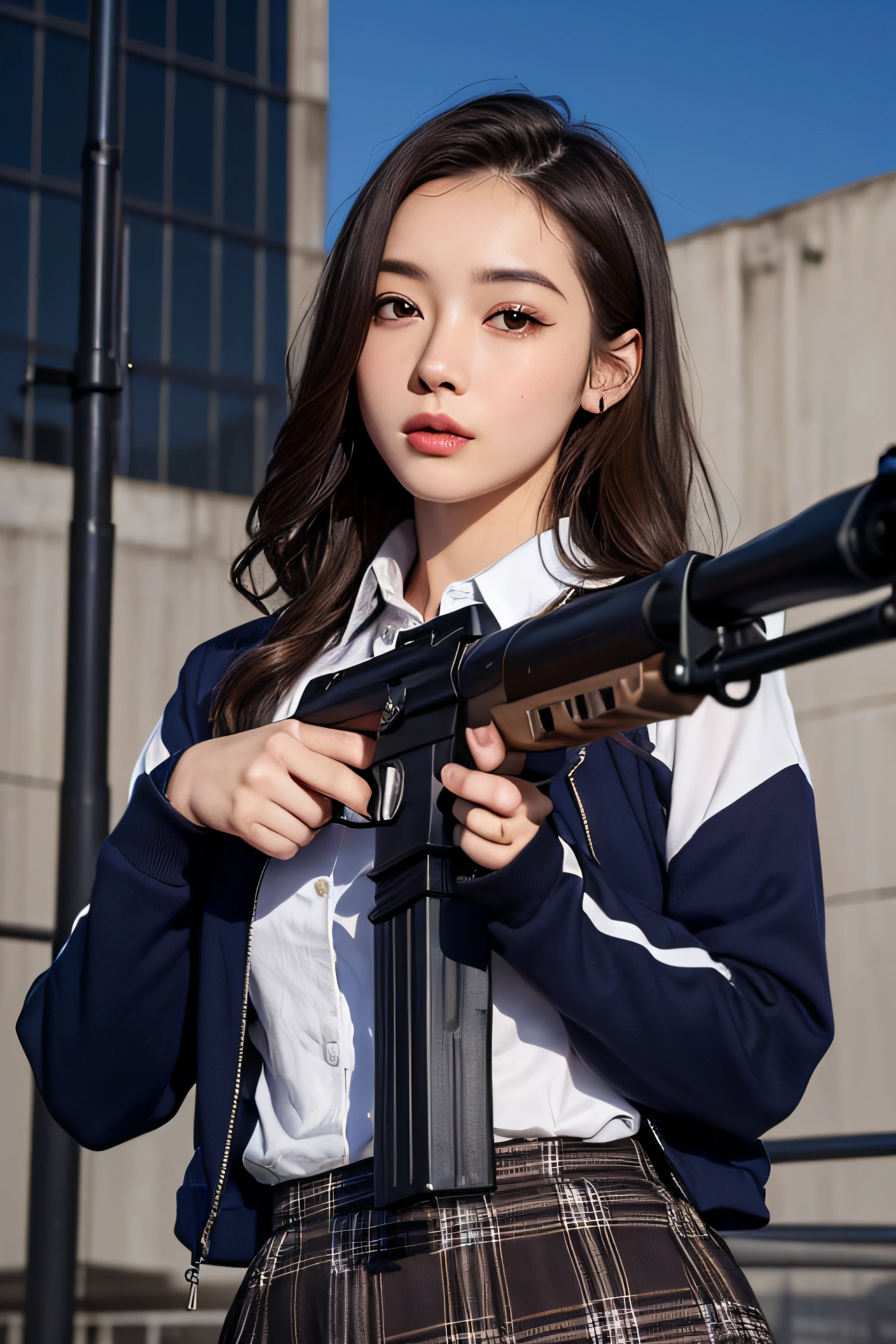 1womanl、(Super beautiful)、(beauitful face:1.5)、(A detailed face)、is standing、(high-school uniform)、Dark blue jacket、white shirt、neck tie、Plaid mini skirt、Brown hair、(Dark makeup)、(holding rifle)、(Aim your rifle:1.5)、h&K HK416、(On the roof of a high-rise building)