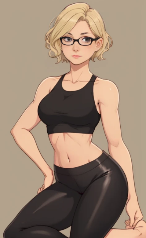 A beautiful barefoot blonde woman with wavy short hair wearing glasses, black leggings and a croptop.