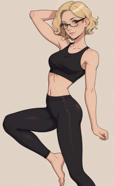 A beautiful barefoot blonde woman with wavy short hair wearing glasses, black leggings and a croptop.