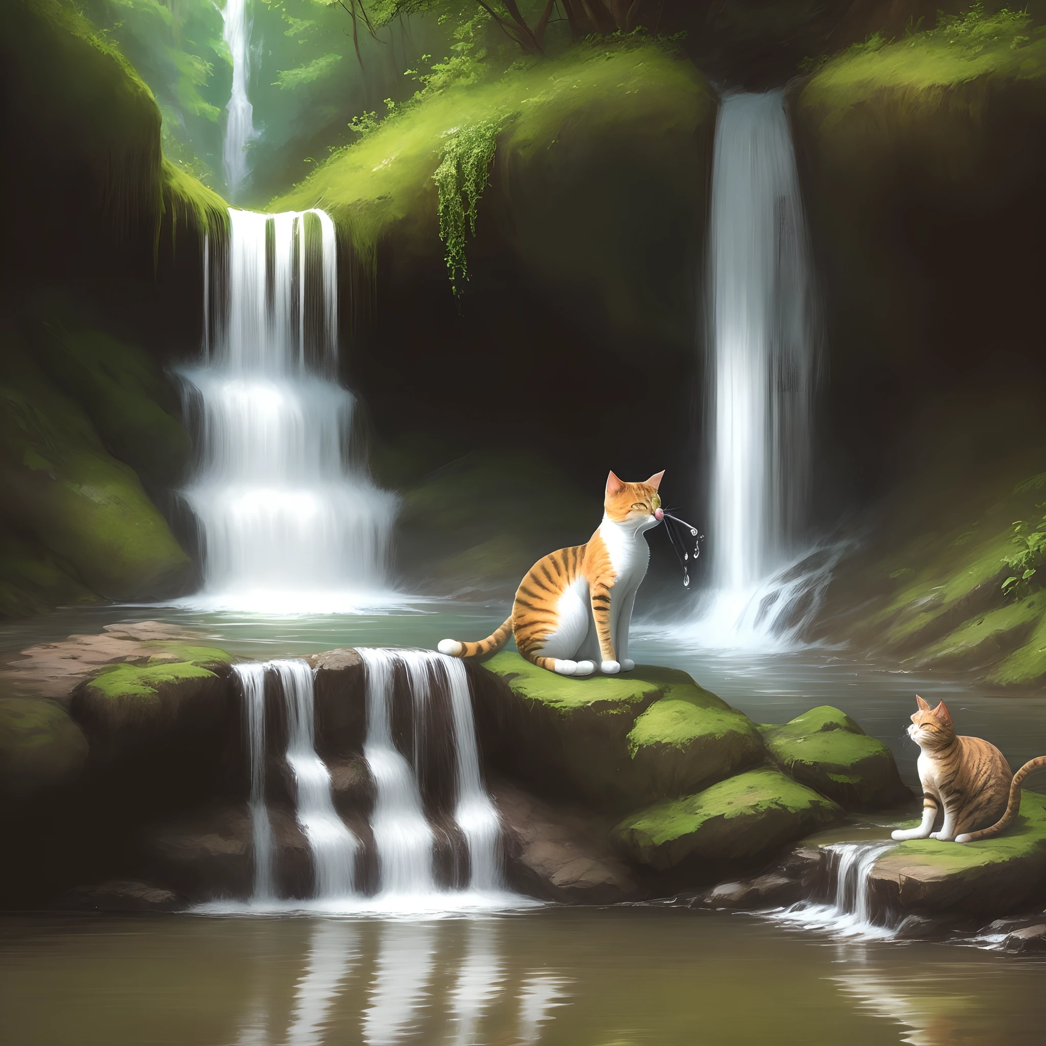 Cat drinking water in a waterfall
