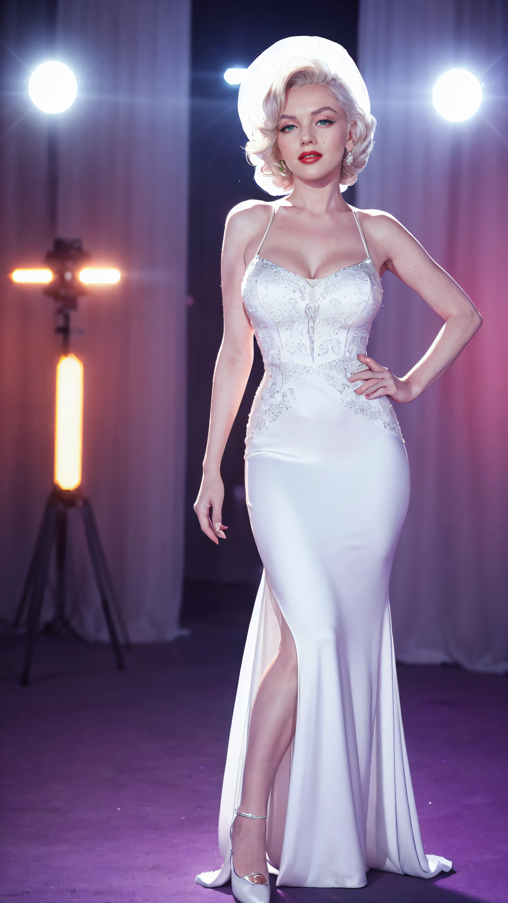 marilyn monroe, (((arriving at an big event))), (((white Evening gown))), 60's, distant image, ((full body photography)), ((insanely detailed face)), (((photography4k))), ((night)), (((colorful spotlights)))