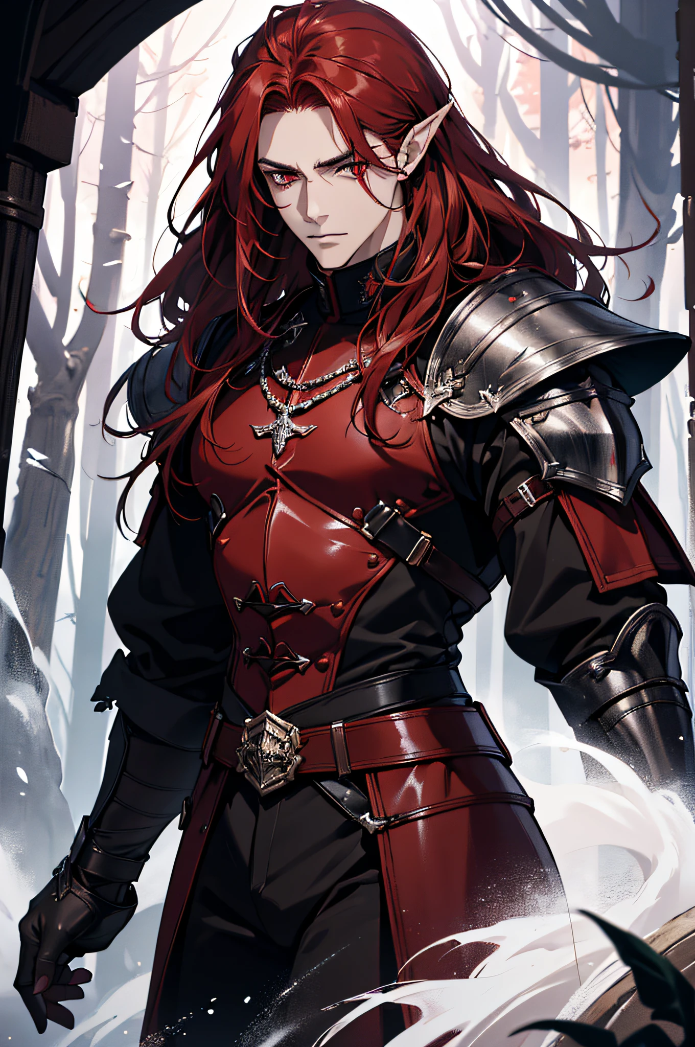 (absurdres, highres, ultra detailed), 1 man, adult, beautiful, strong, musculous, pointy ears, long red-haired, dark red eyes, detailed face, finely detailed eyes, fantasy, dark brown clothes warrior, leather armor, fantasy forest, dark forest, dark theme, cinematic lighting, colorful