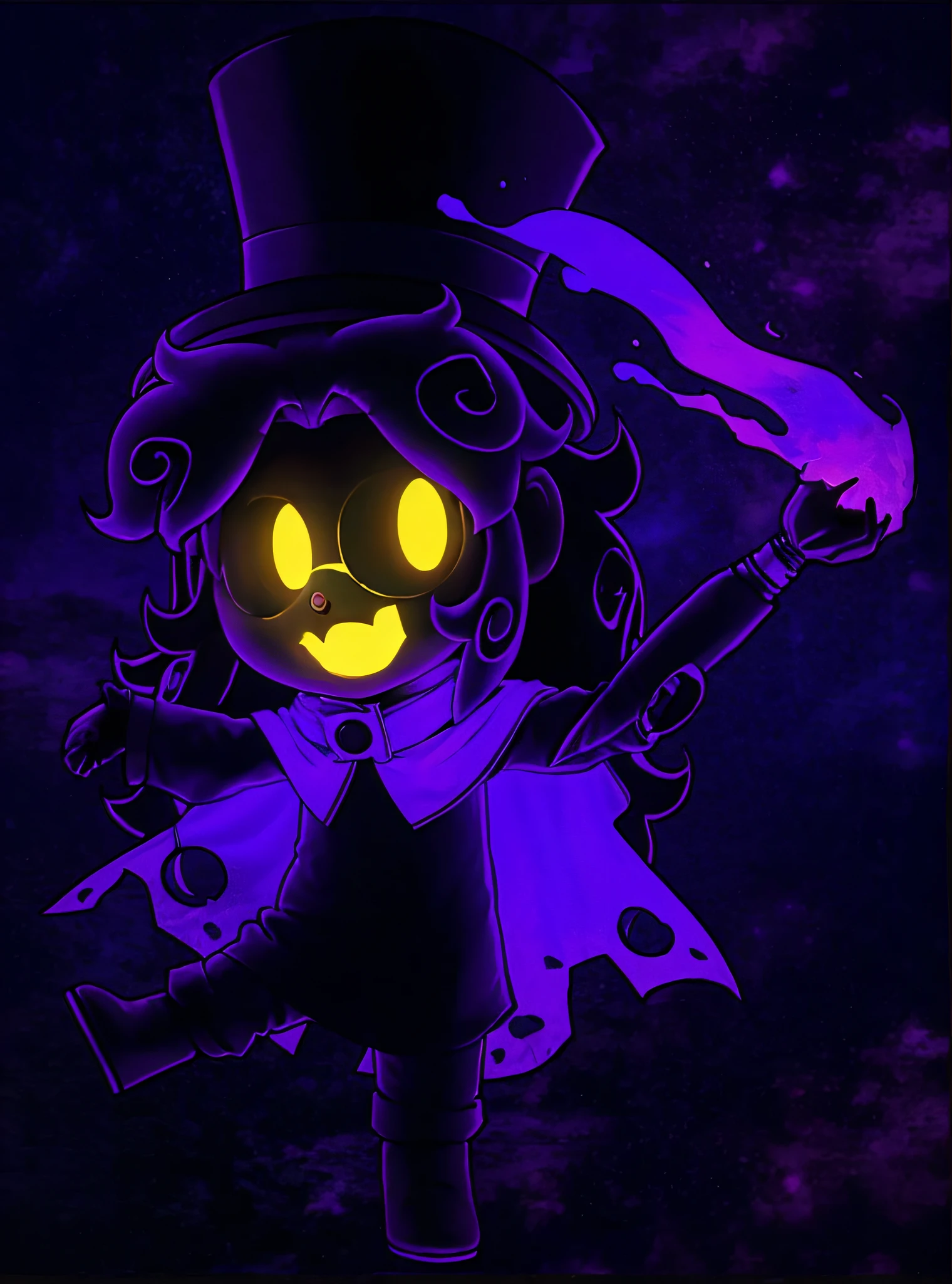 Um desenho 2d anime, A purple ghost boy with a top hat and a rag cape with a chess piece appearing in his hand with a portal appearing in space