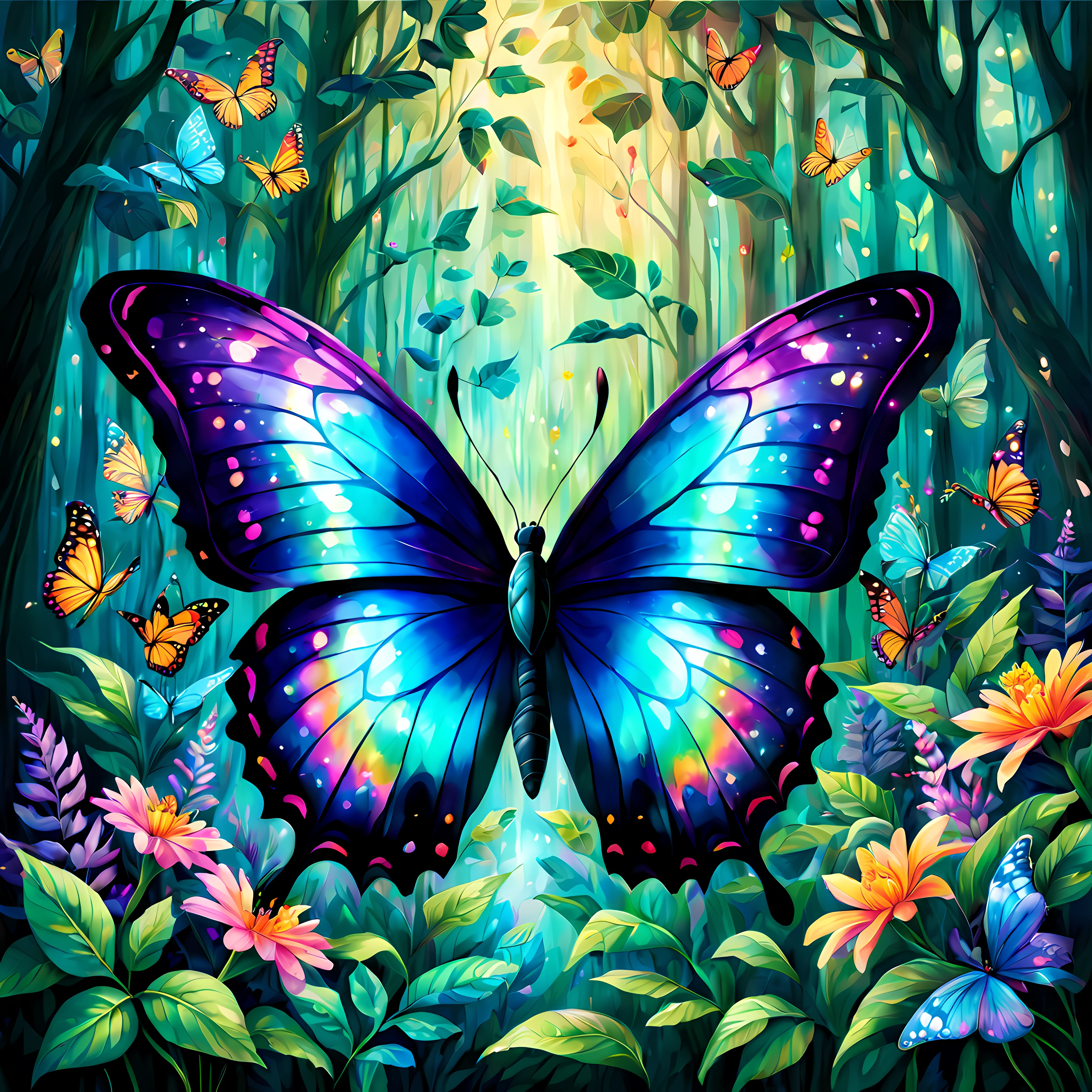 (solo:1.3) create a breathtaking illustration of a majestic butterfly adorned with vibrant iridescent wings that shimmer with enchanting colors, this magical creature gracefully soars through a mystical forest, surrounded by lush foliage and delicate flowers that seem to bloom in its presence, capture the essence of wonder beauty and magic in your drawing allowing your imagination to bring this captivating scene to life