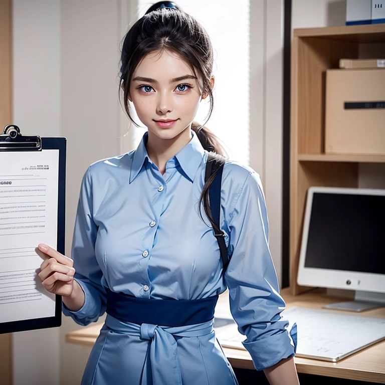 a woman, 20 years old, 160cm tall, straight ponytail hair, expressive eyes, blue eyes, simple smile, secretary outfit, in the office, small breasts, thin waist, thin, highly detailed skin, holding a clipboard, Artistic work perfect, full body shot, best quality, perfect anatomy, sfw