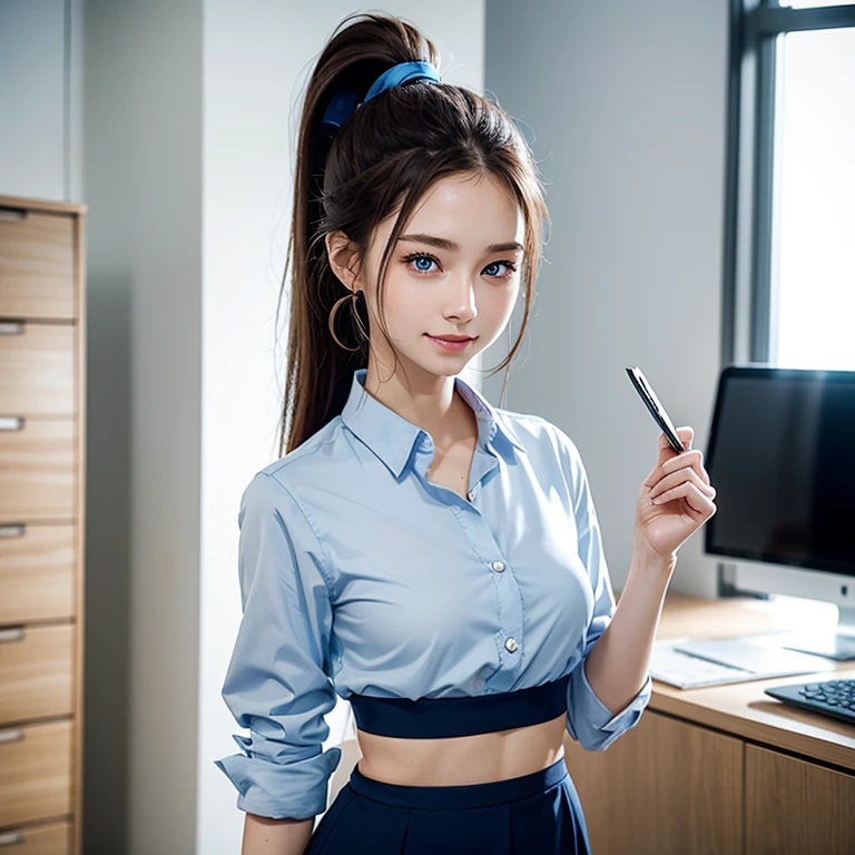a woman, 20 years old, 160cm tall, straight ponytail hair, expressive eyes, blue eyes, simple smile, secretary outfit, in the office, small breasts, thin waist, thin, highly detailed skin, holding a clipboard, Artistic work perfect, full body shot, best quality, perfect anatomy, sfw