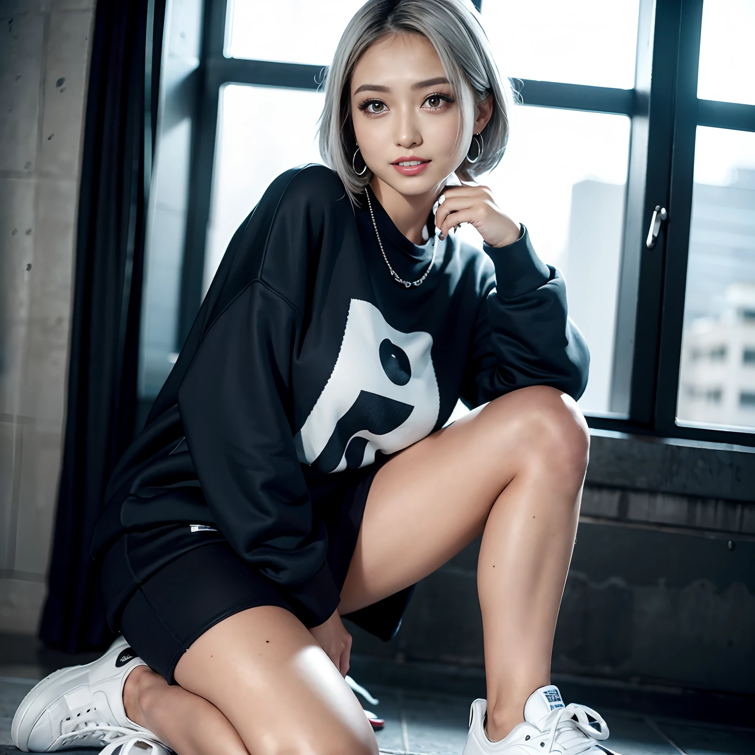 Masterpiece, 8K, award-winning photos, photorealistic, realistic, ultra detailed, ultra high definition, ray tracung,
_
the most beautiful, 22 years old ,(sexy,Japanese idol, gray hair short hair), shiny skin , detailed skin , beautiful detailed face , beautiful detailed eyes , beautiful teeth,
_
cleavage showing,
_
BREAK (droopy eyes, smile, teeth), Natural makeup, (super natural lip), light color medium breasts,
_
glowing blue eyes, tan skin, mole under eye,
_ Inorganic concrete studio with windows, highly detailed background, best White lighting,
BREAK (black theme:1.4), (oversize, big size, black sweat long print sweatshirt:1.3), (Collared White Geometric patterns print:1.2), (no logo, no text:1.2), (black inner long tshirt), BREAK(black skirt:1.2), (black and White Enamel high-cut Sneakers:1.2), (silver necklace,silver earring),
_ ultra-realistic textures, dramatic lighting , raw photo,1girl,
_ (full body, from below), looking back, looking at viewer,