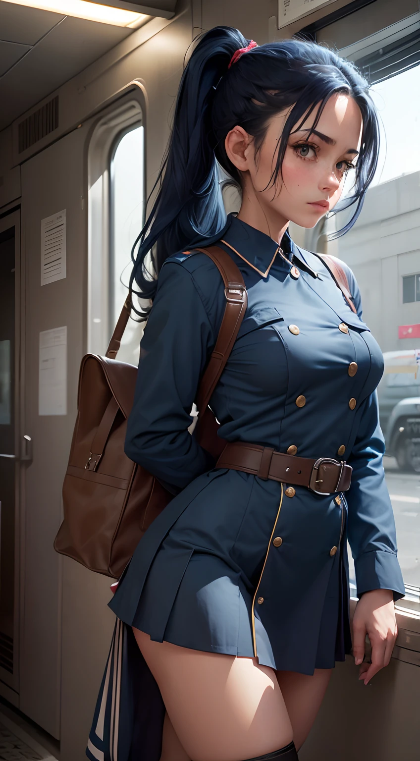 1girl in, Solo, Laura S. Alceid (long dark blue hair, Ponytail and side van, small tit), (Inspired by the trail of cold steel) ,(Accurate Hand Modeling,)early evening,In a school dress showing off her panties, Wearing the uniform of the cadet school, embarrassed
