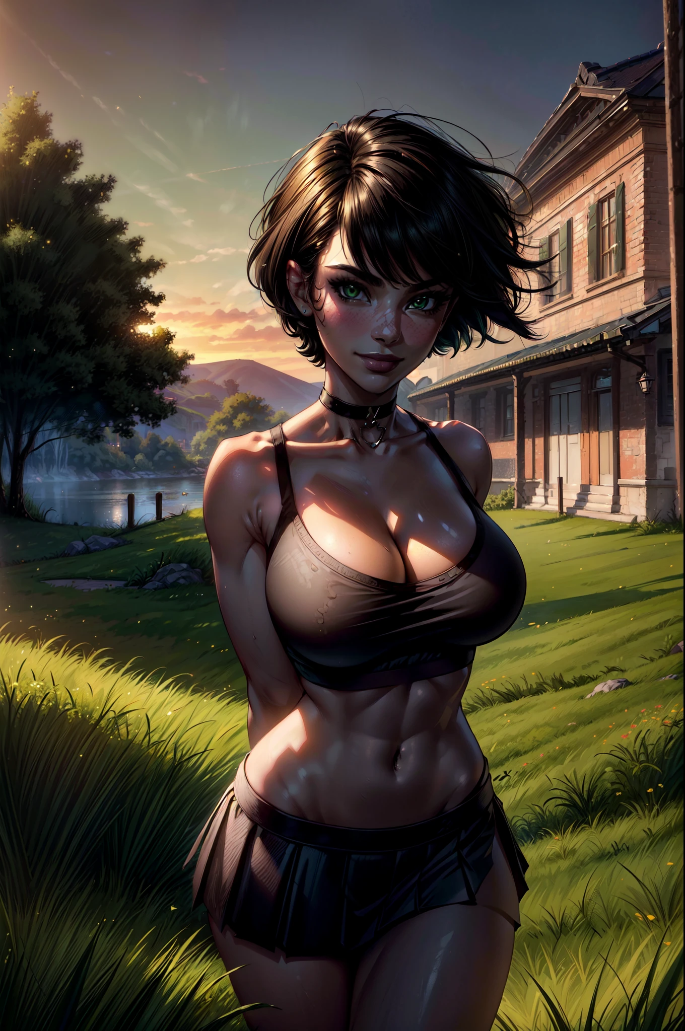 ((Masterpiece)), ((Best Quality)), ((highres)), ((UHD)), ((absurdres)), (1 girl), ((super detail)), ((high details)), ((dramatic lighting)), blushing, smile, green eyes, bob cut, bangs, black hair, short hair, choker, crop top, (black tank top), (black pleated mini skirt), gorgeous girl, huge breasts, cleavage, gorgeous body, glossy skin, vivid colors, full body shot, ((sharp focus)), outdoors, standing up, green grass field, feminine, shy, ((anatomically correct)), ((award winning)), ((arms behind back)), navel, seductive, alluring, sexy, perfect face, perfect female figure