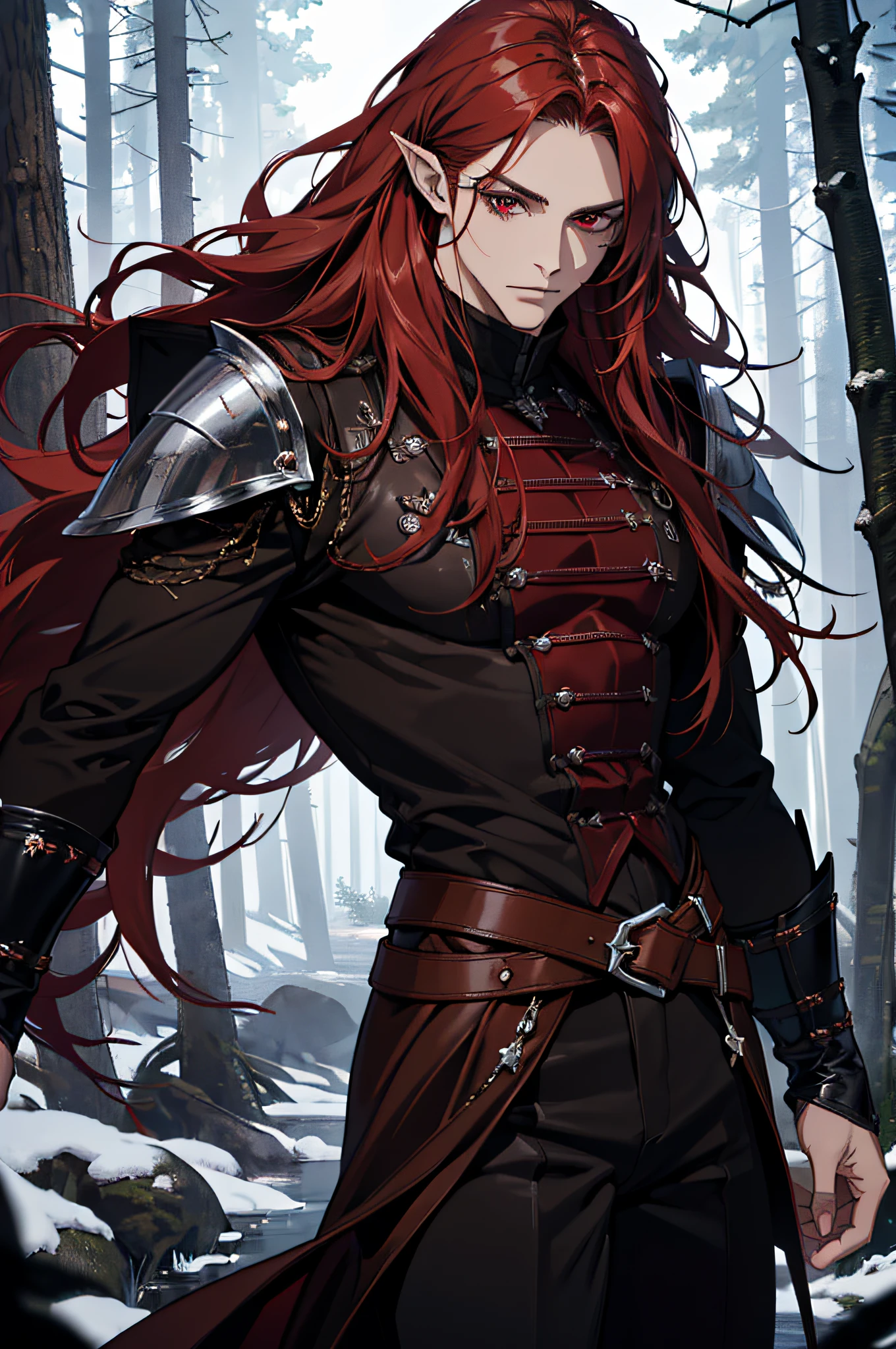 (absurdres, highres, ultra detailed), 1 man, adult, beautiful, strong, musculous, pointy ears, long red-haired, dark red eyes, detailed face, finely detailed eyes, fantasy, dark brown clothes warrior, leather armor, fantasy forest, dark forest, dark theme, cinematic lighting, colorful