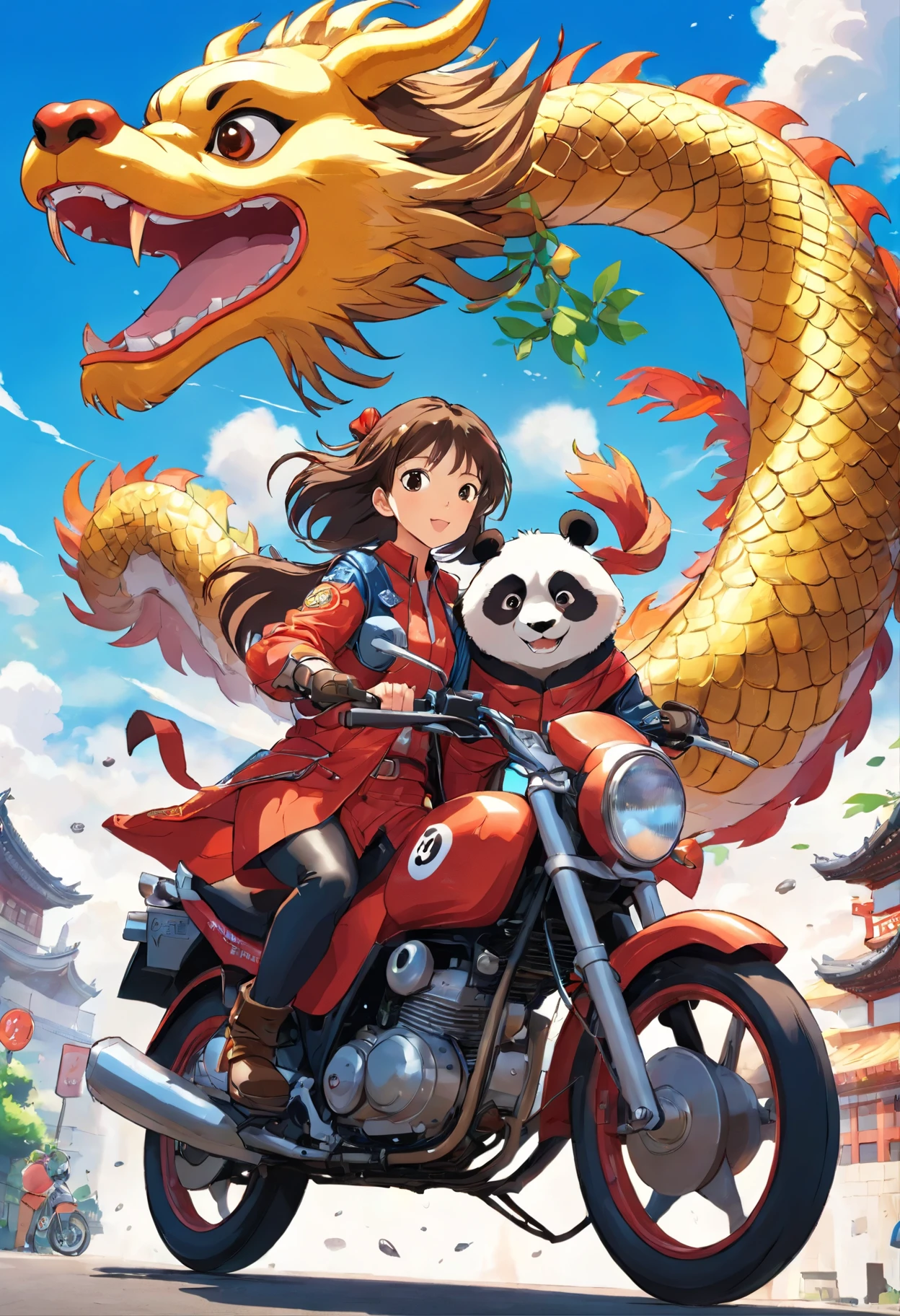 ((A mature Japanese woman rides a motorcycle with panda features))，((A Chinese dragon swims in the air))，The motorcycle is accelerating, biker gloves，Brown hair long，Blown up by the wind，((jaqueta de couro))，leather pant，Leather boots
